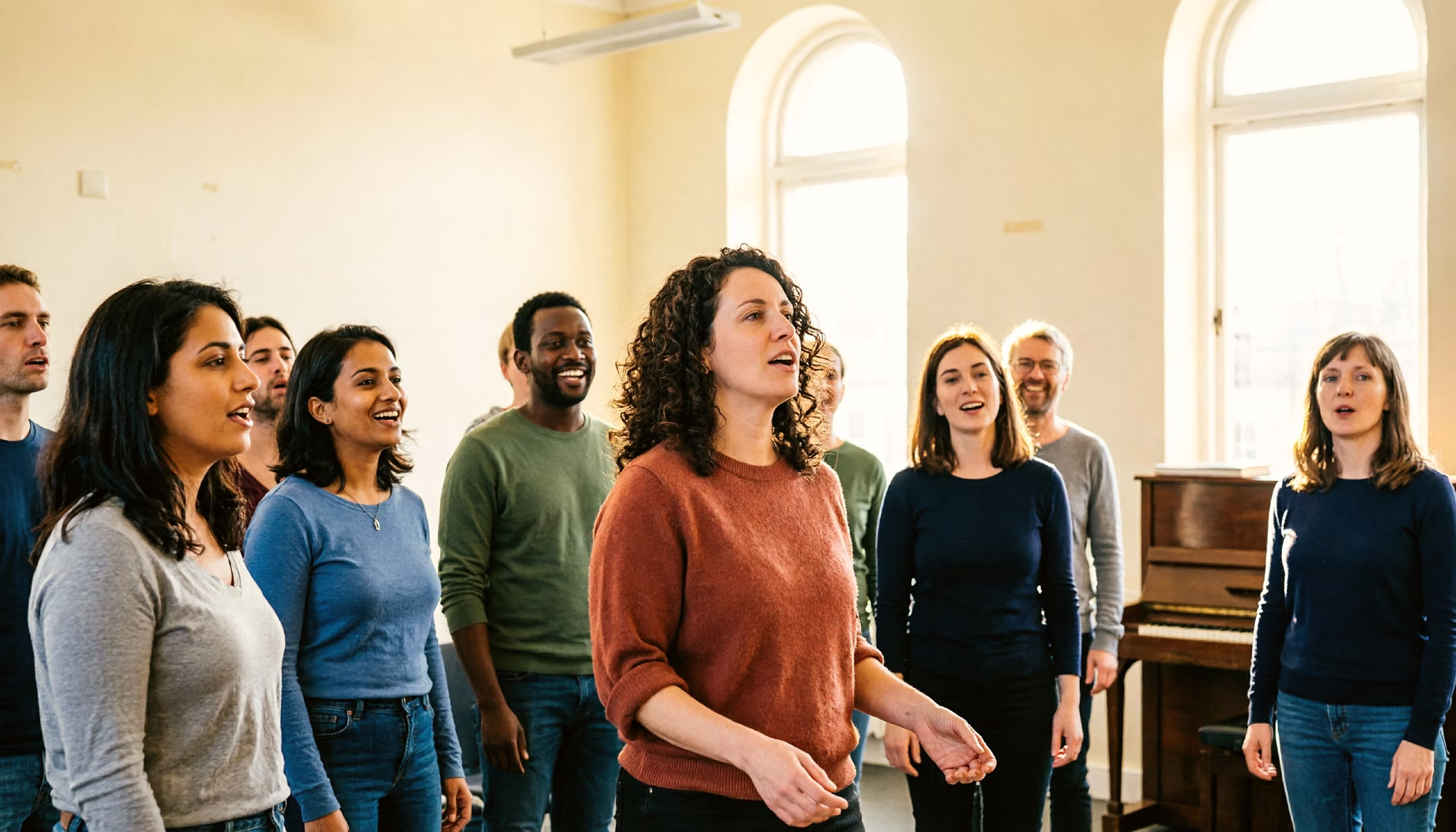 A woman singing with her community choir at a weekday rehearsal in the Netherlands