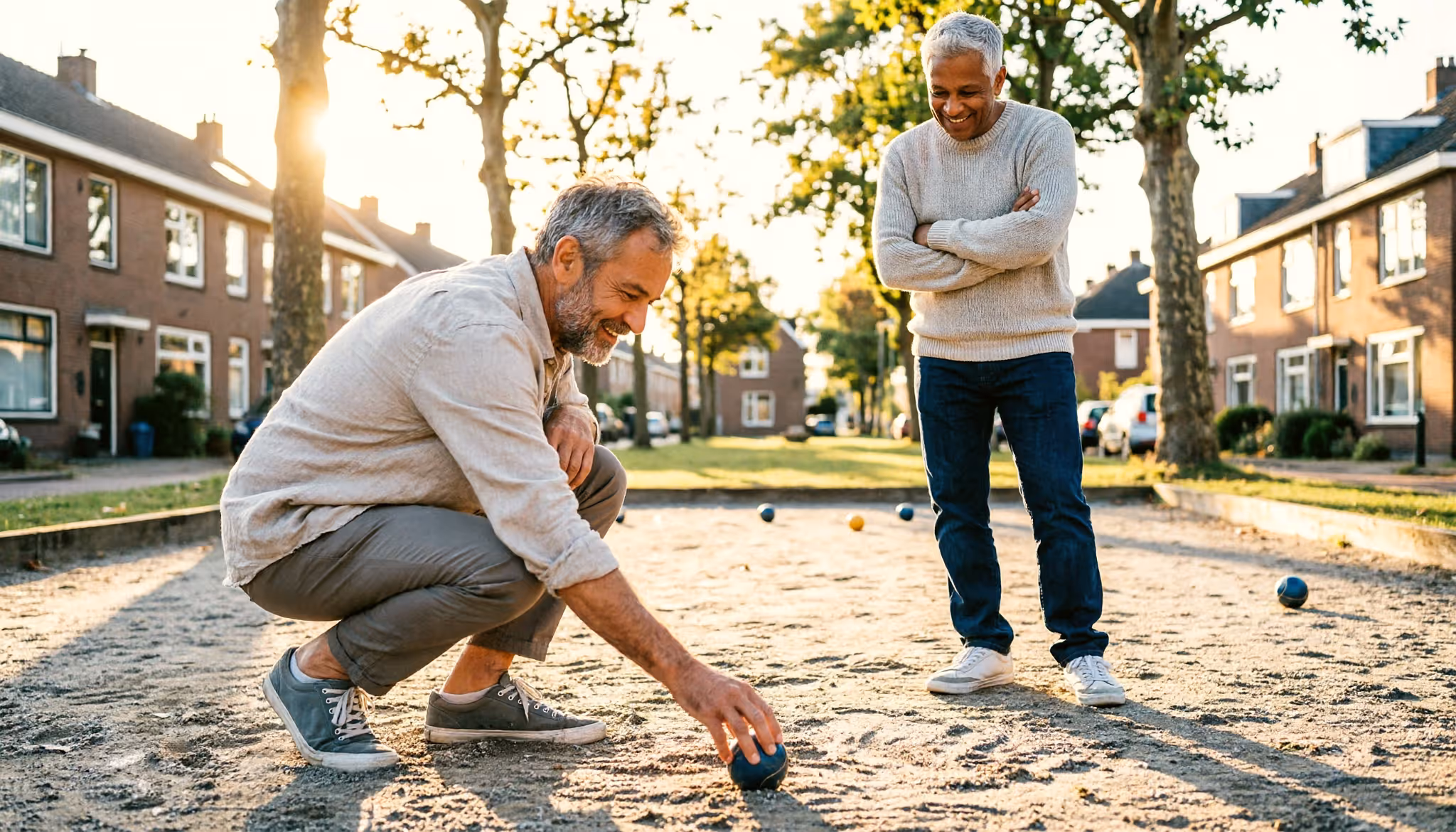 Twee vrienden lachen tijdens een partijtje jeu de boules op een gravelbaan in een groen Nederlands park