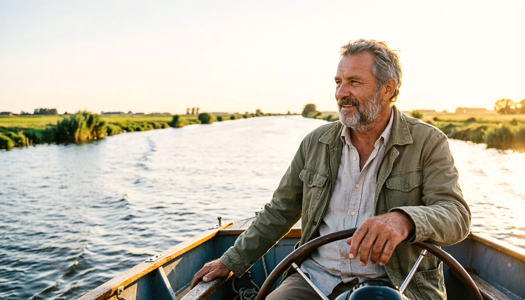 Een man stuurt een kleine open boot over een brede Nederlandse rivier in het avondlicht