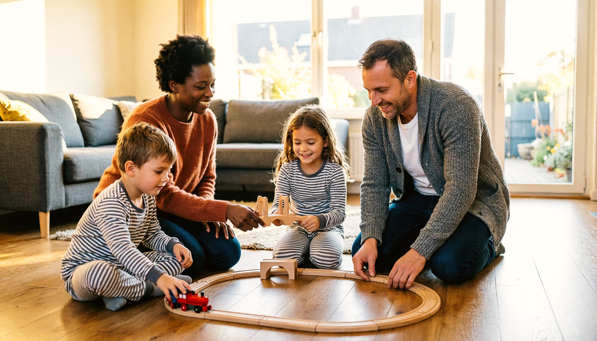 A family lay out a wooden toy train track across their living room floor on an early autumn morning