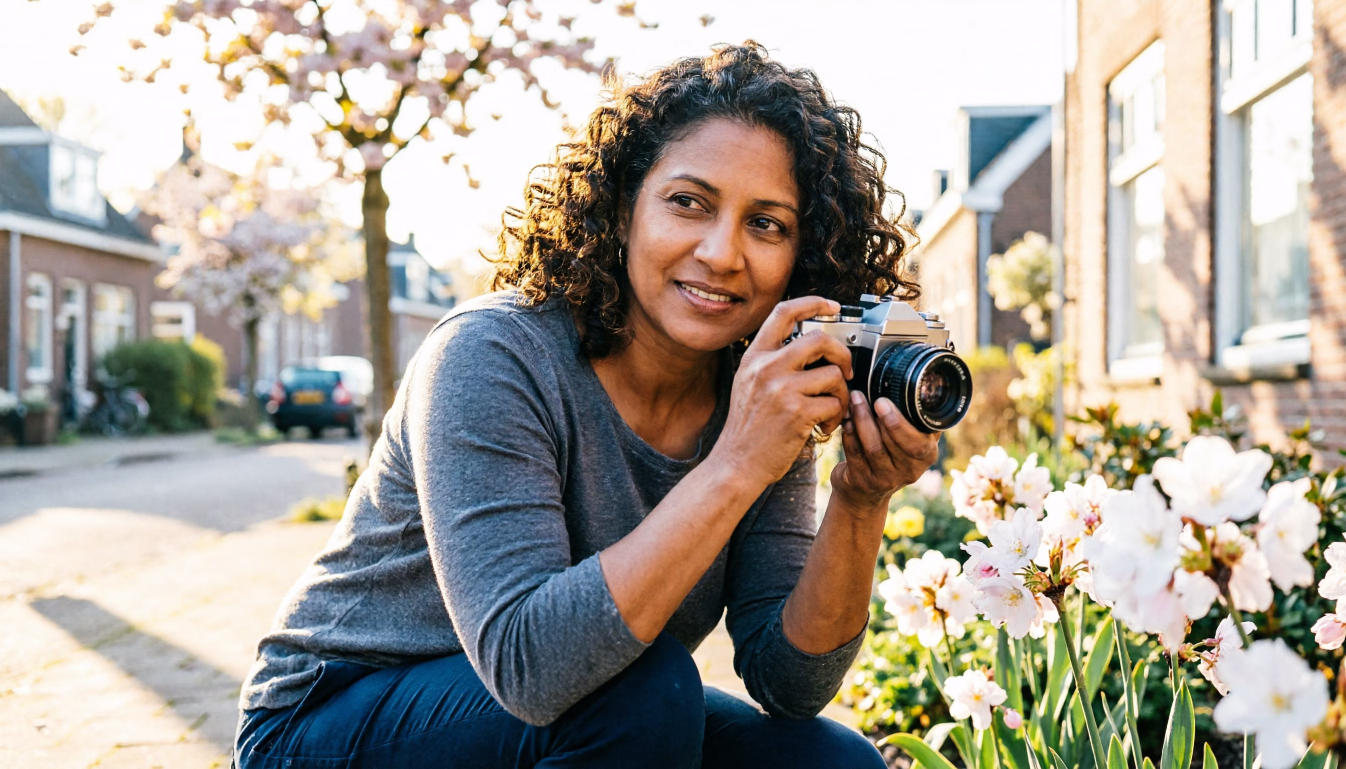 A woman in her mid-forties photographs spring blossoms with a film camera in her street