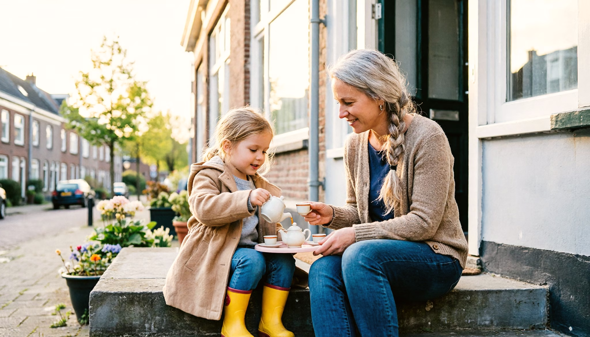 Een moeder en haar dochtertje houden een theekransje op de stoep op een lentemorgen