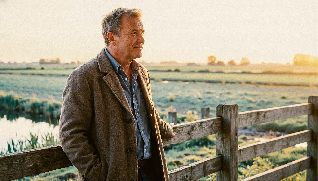 A man in his fifties looking out over a Dutch polder with quiet confidence