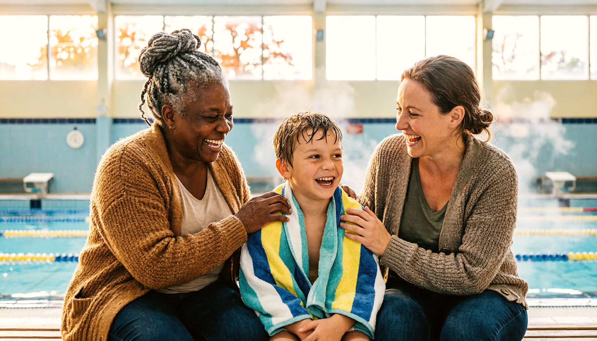 A grandmother, her daughter and her young grandson laugh together in the warm spectator gallery of a Dutch municipal swimming pool on an autumn morning