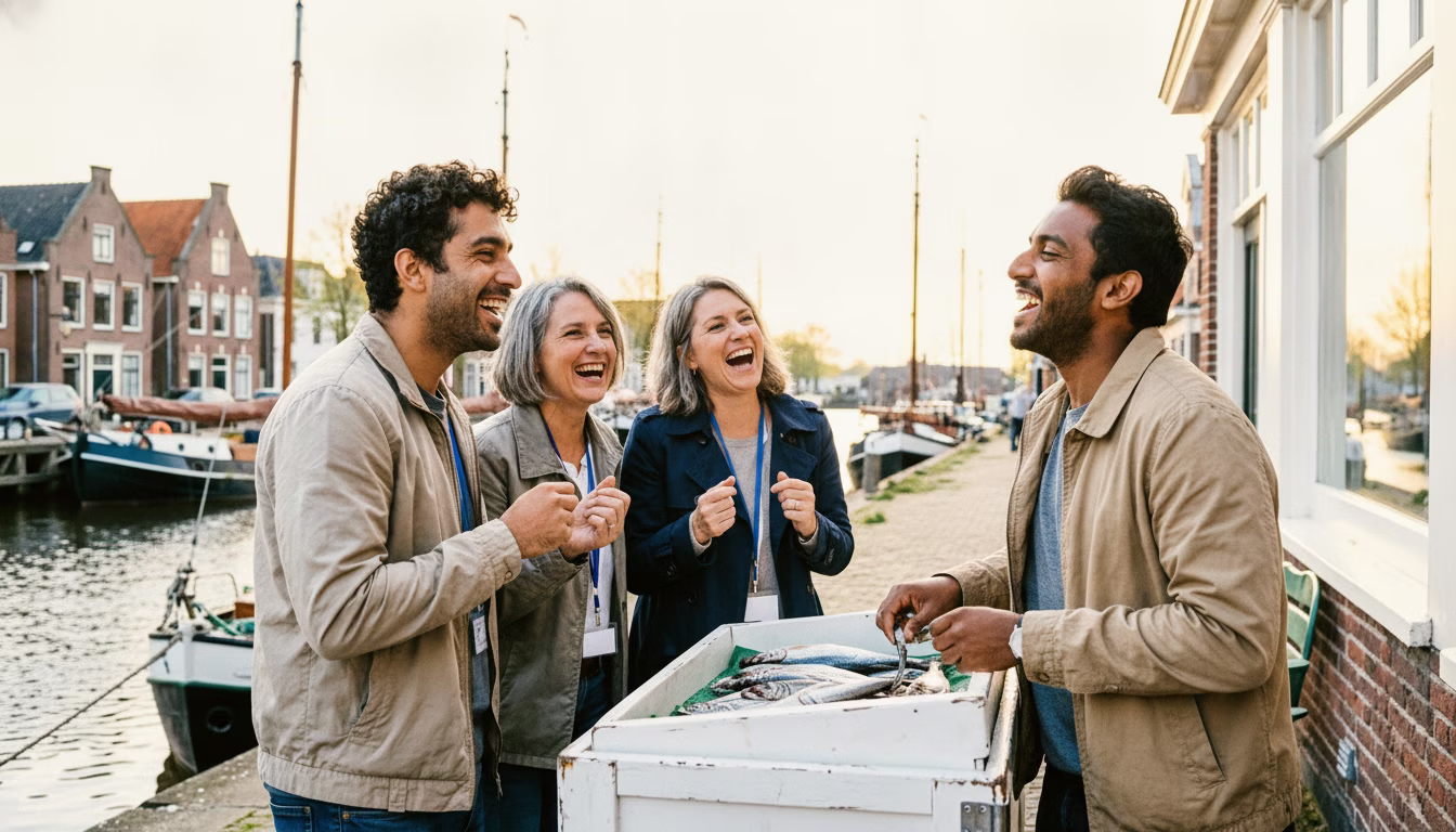 A new hire tries his first raw herring at a harbour-side herring cart while two colleagues cheer him on, on an overcast spring afternoon