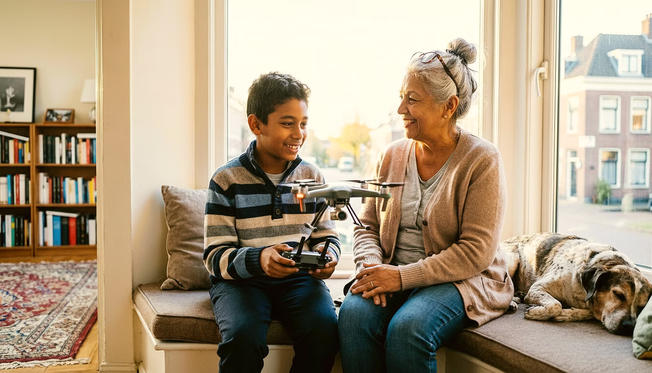 A boy and his grandmother play a board game in the bay window of their home