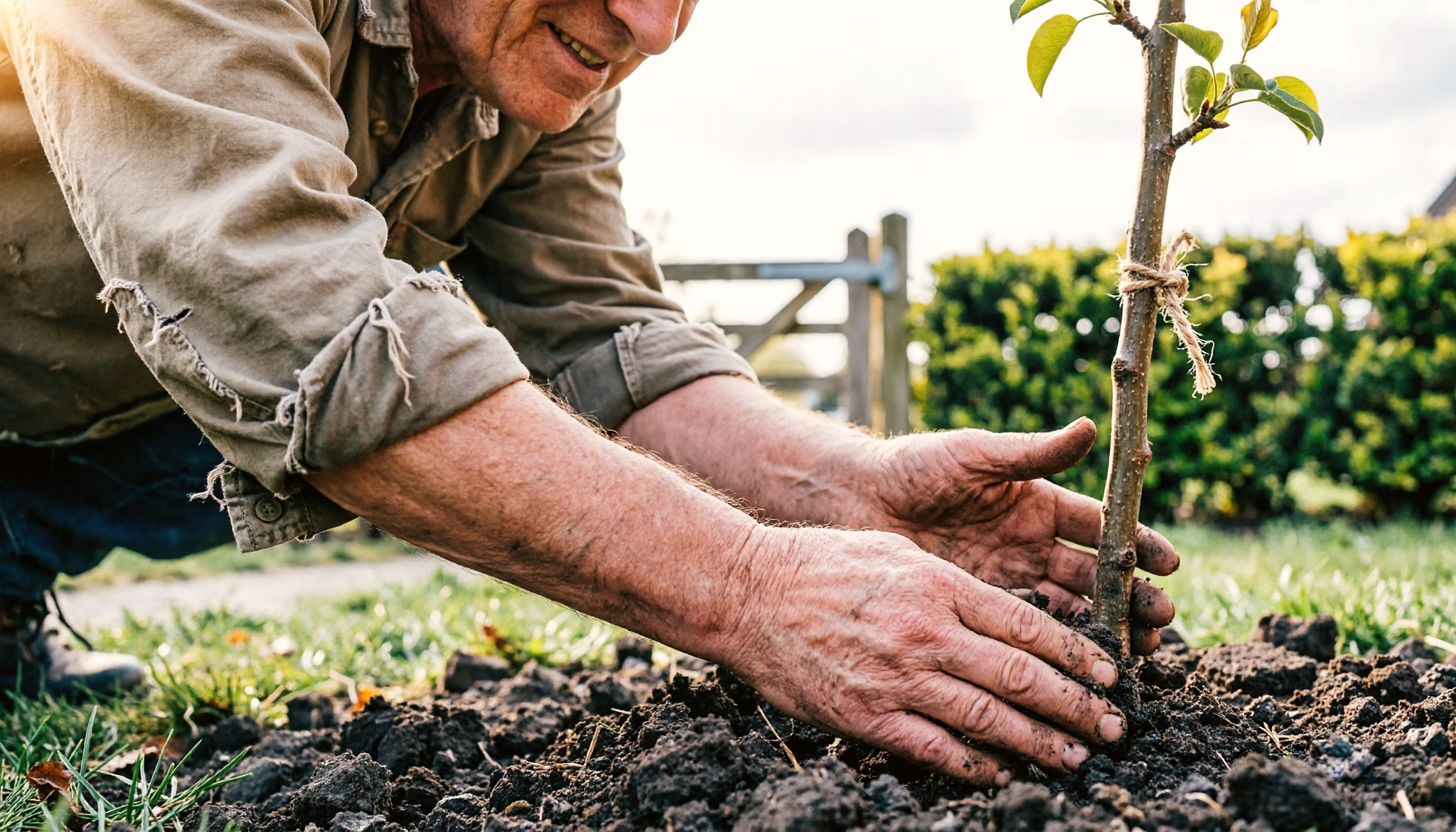 A pair of weathered hands firms the soil around a newly planted young pear tree beside a garden gate on an overcast spring morning