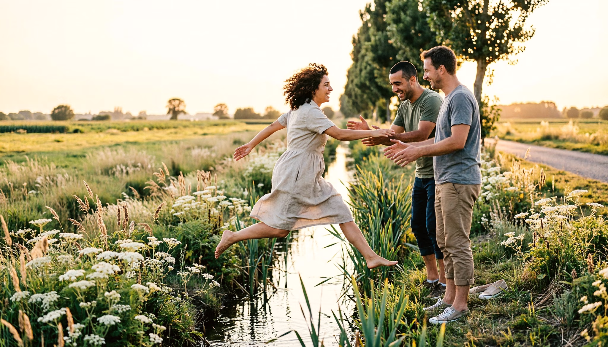 Three friends taking turns jumping a narrow polder ditch on a summer evening, one of them mid-jump above the water while the other two wait on the far bank