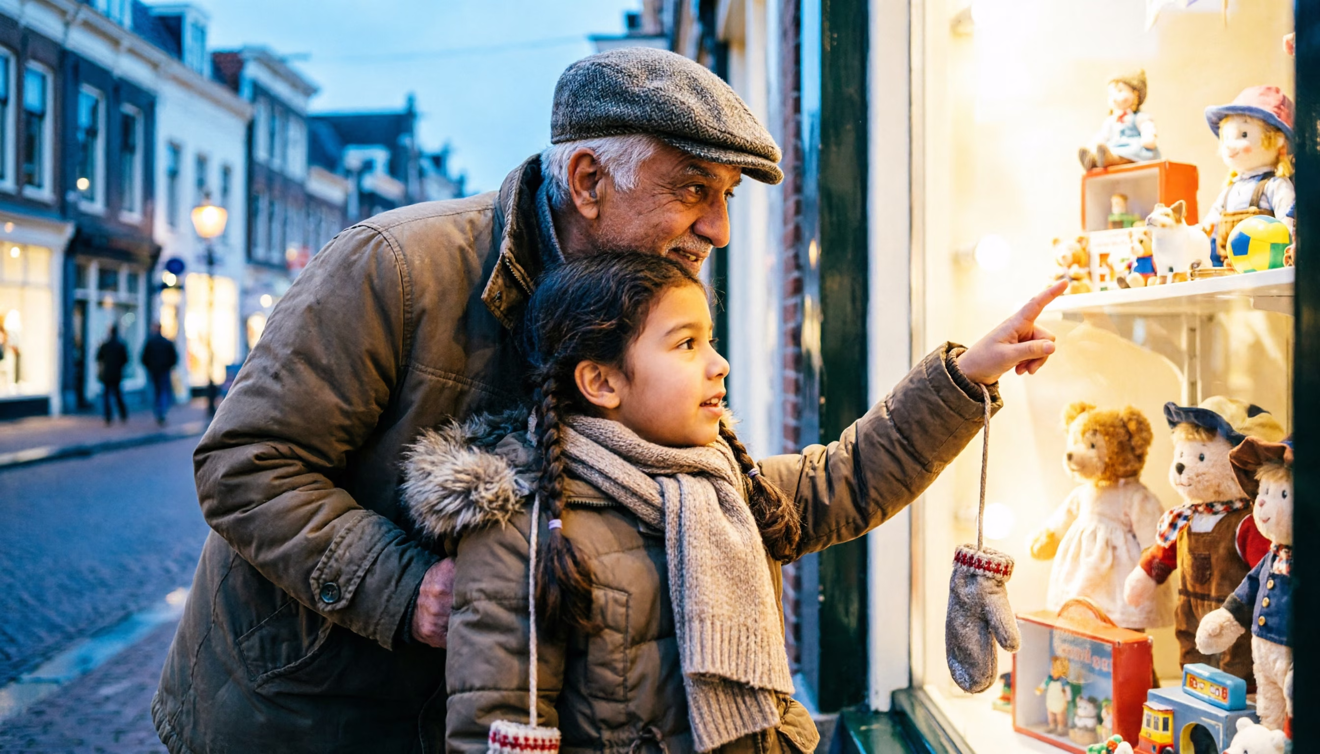 Opa en kleindochter bij een verlichte speelgoedetalage op een winteravond