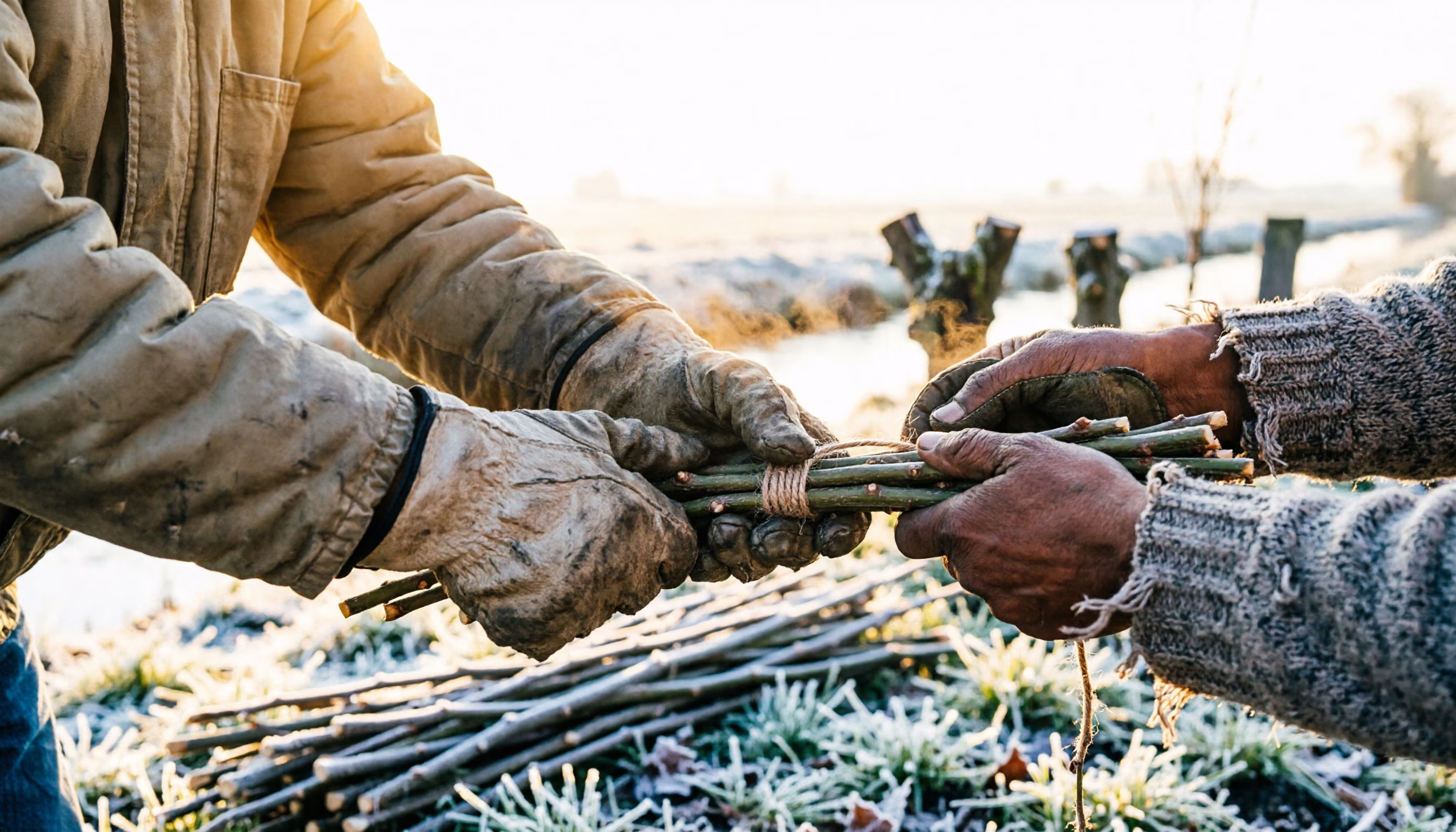 Three pairs of hands gather freshly cut willow rods into a bundle during a winter pollarding morning in a Dutch polder, breath faintly visible in the cold