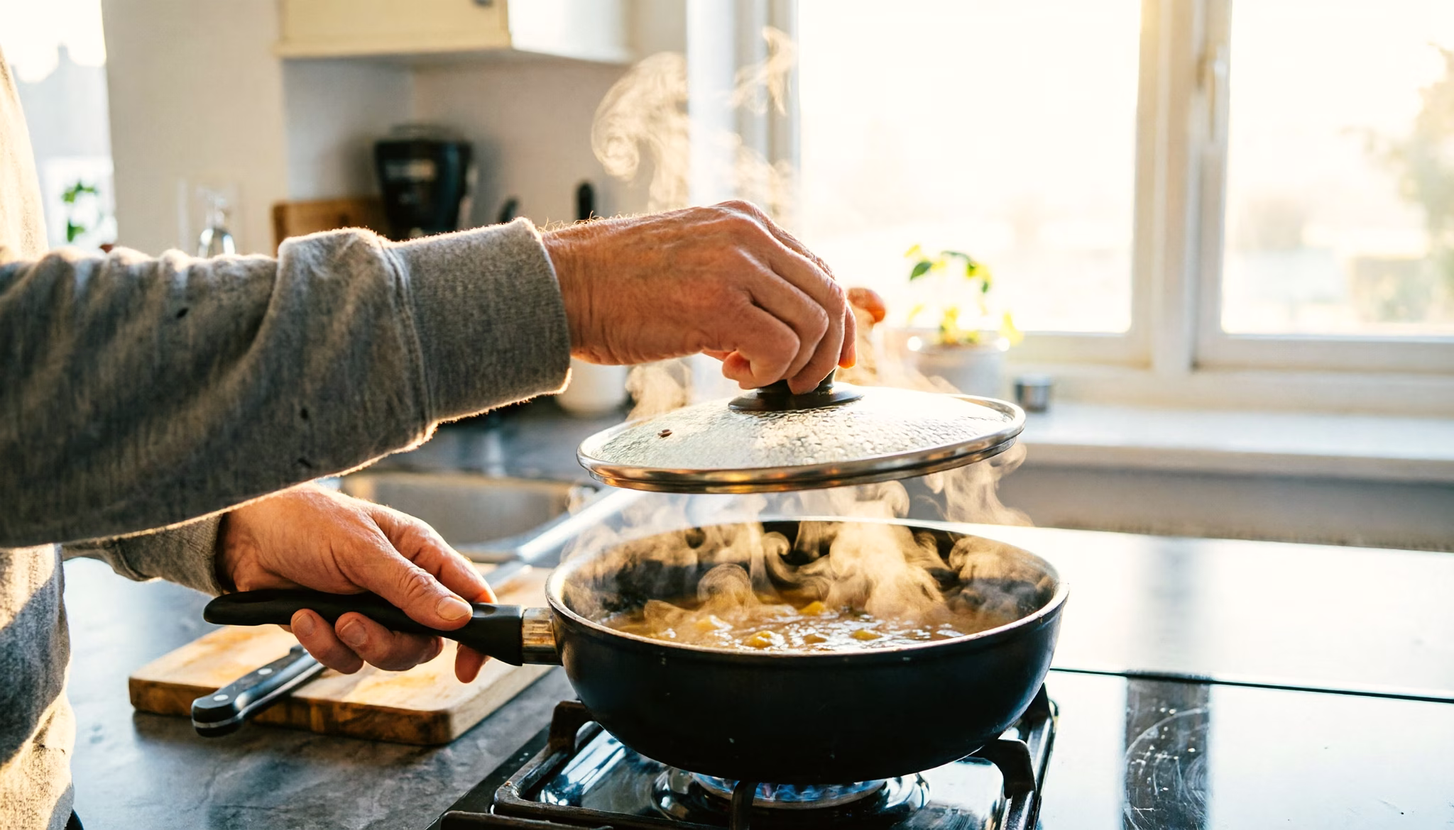 Close on a pair of hands lifting the lid from a pan of soup, low winter sunlight across the kitchen