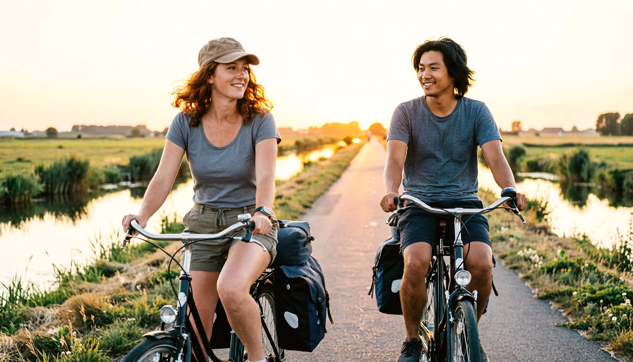 Twee fietsers met volle fietstassen op een jaagpad langs een kanaal in gouden avondlicht