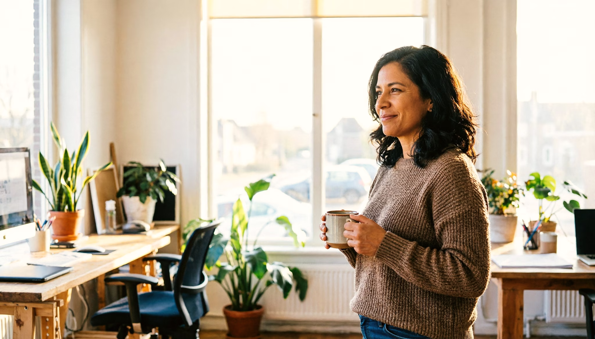 A self-employed woman in her early forties pauses with a coffee in her bright Dutch studio