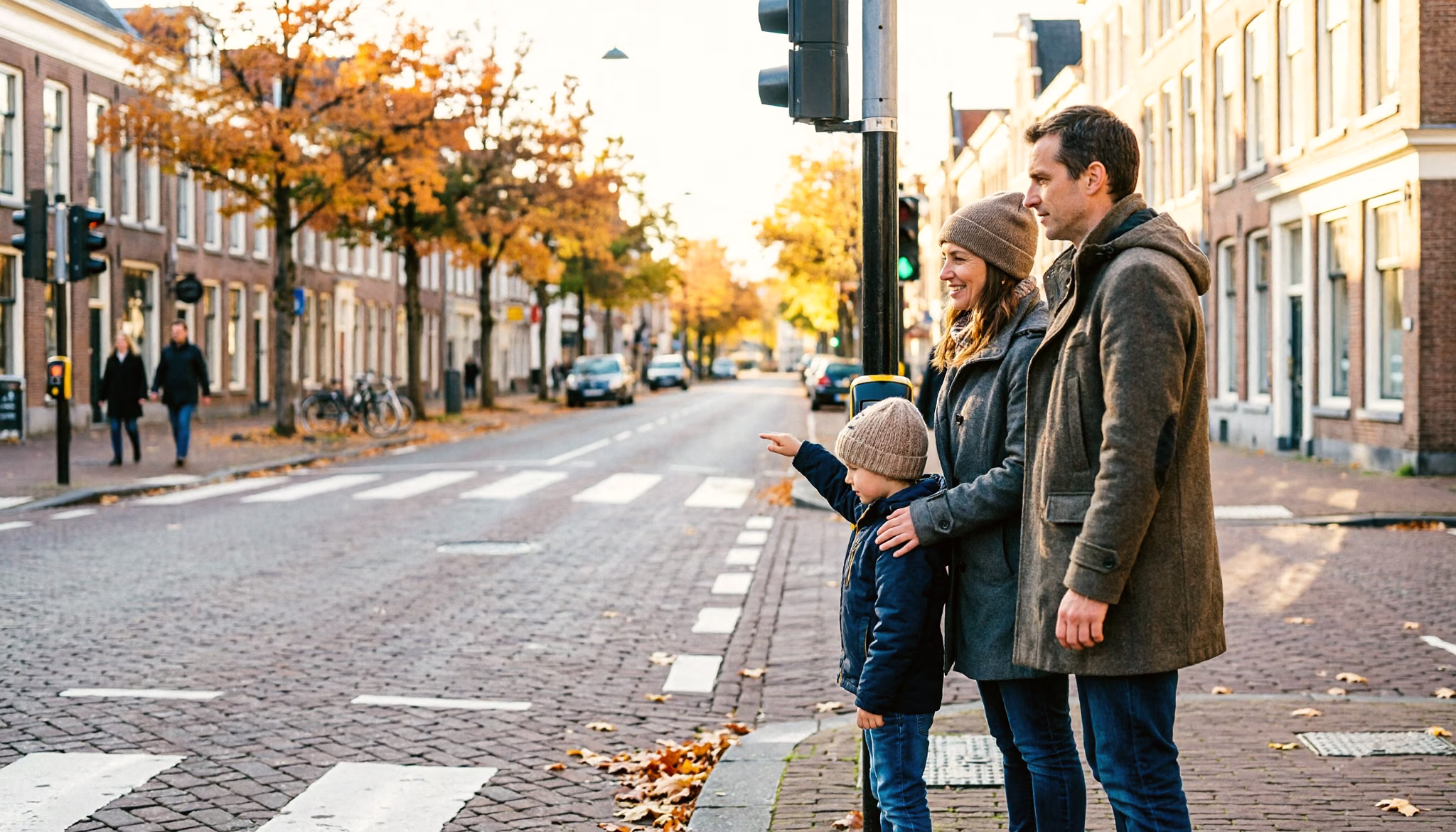 A mother, father and their young son waiting together at a city crossing on an autumn morning while the son presses the pedestrian button