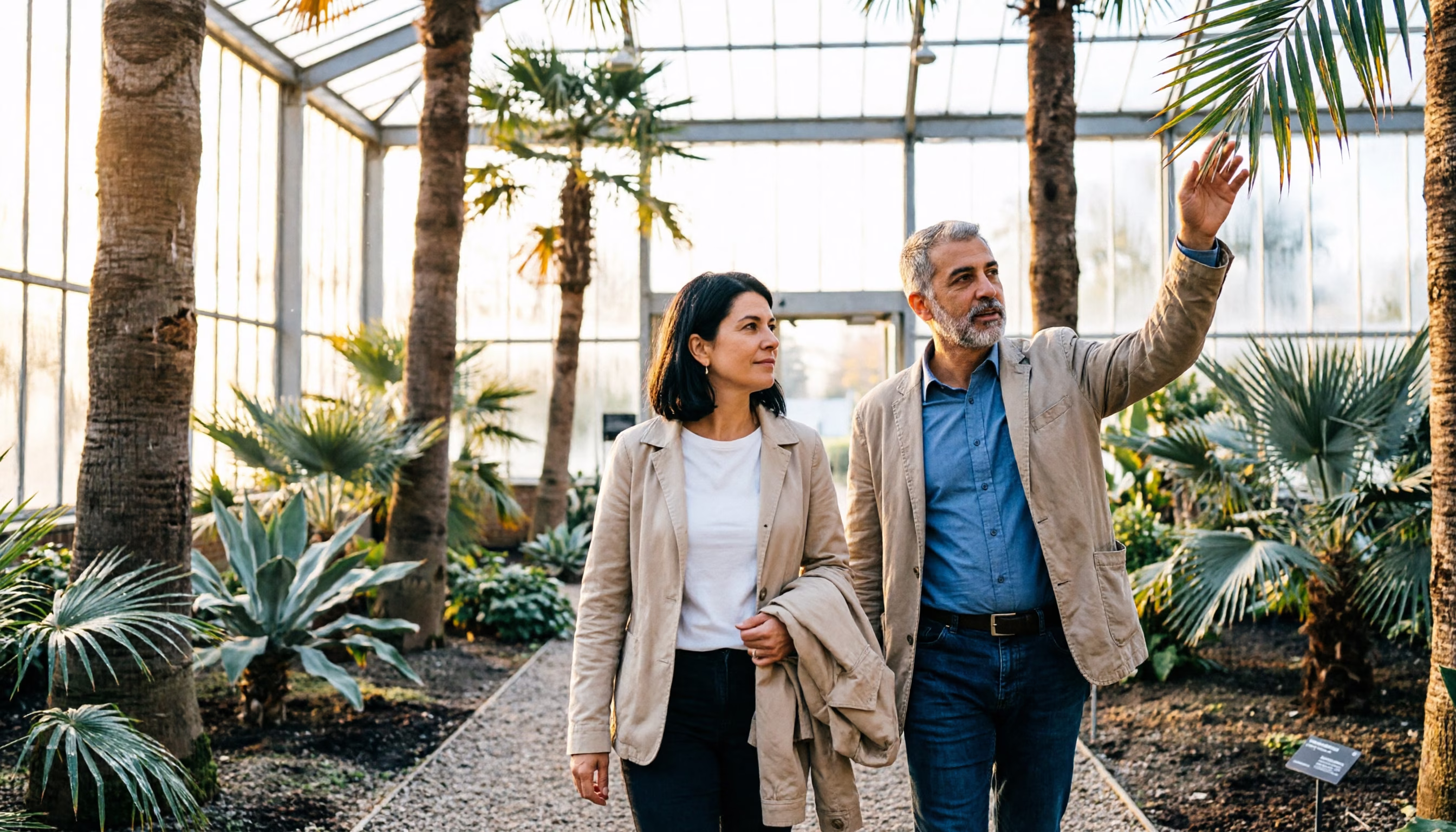 Twee compagnons lopen bij het eerste licht over het grindpad door de palmenkas van een botanische tuin