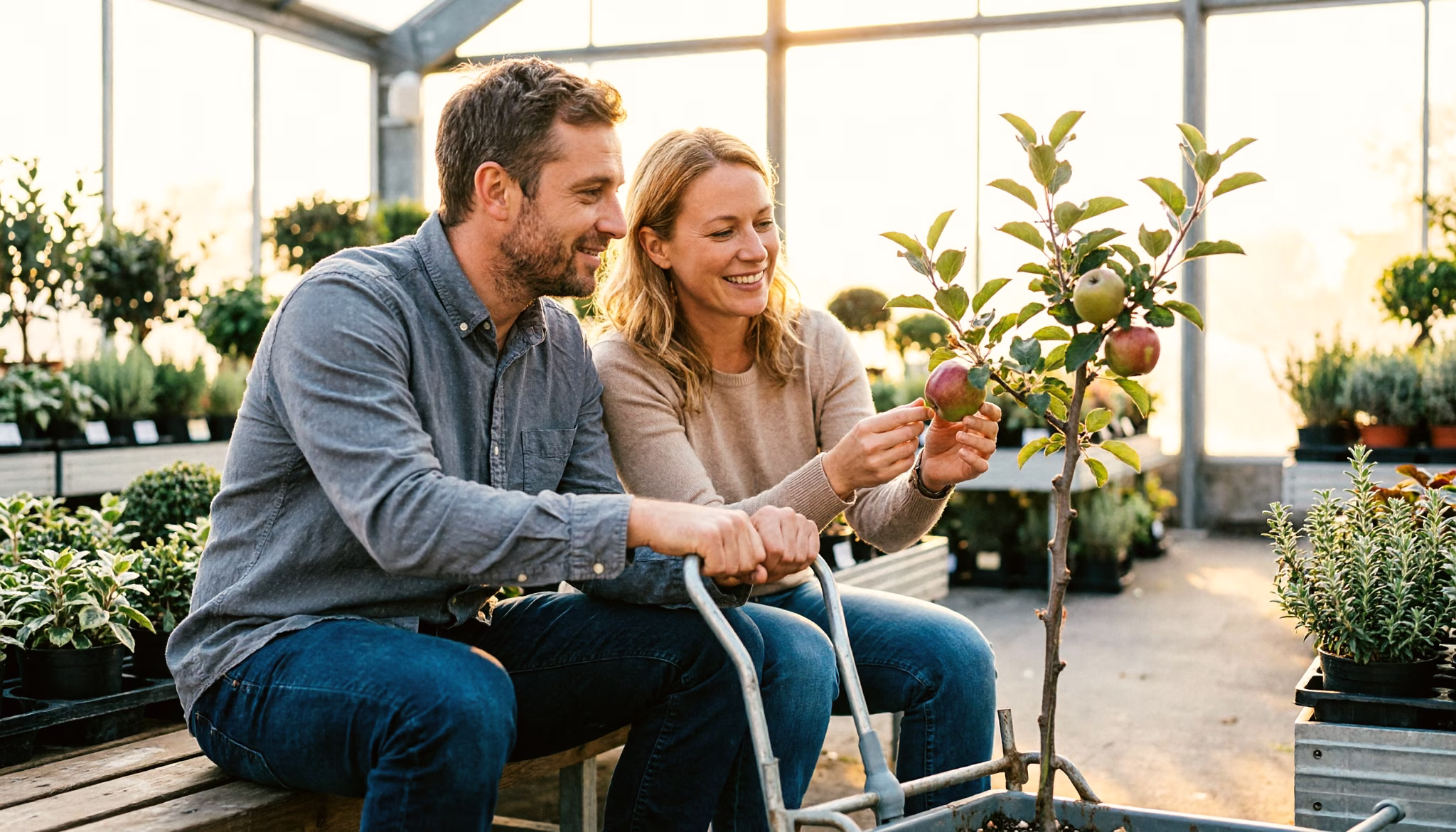 Een stel kiest samen een kleine appelboom bij een Nederlands tuincentrum