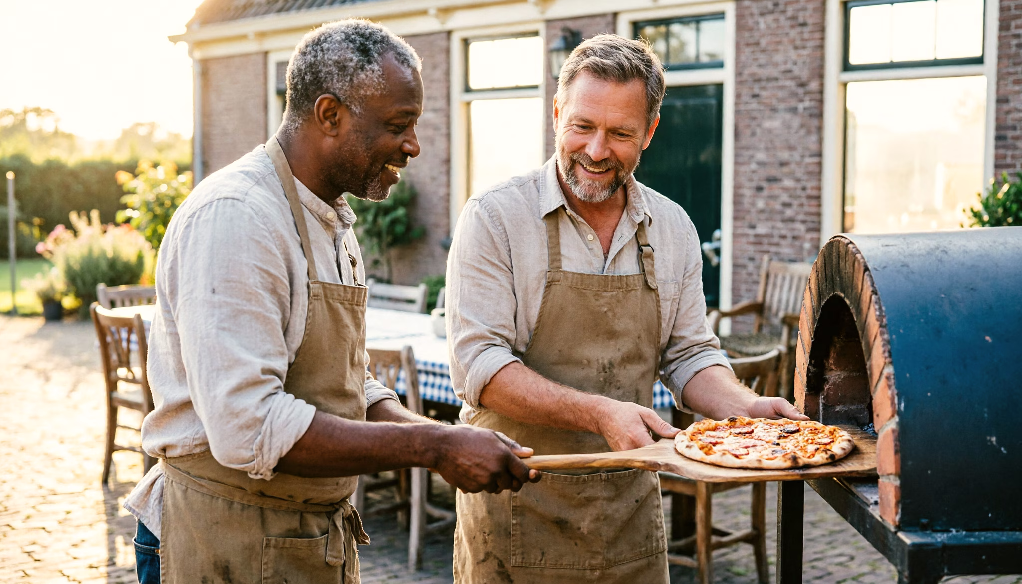 Twee vrienden schuiven een pizza in een houtoven op een boerderijerf