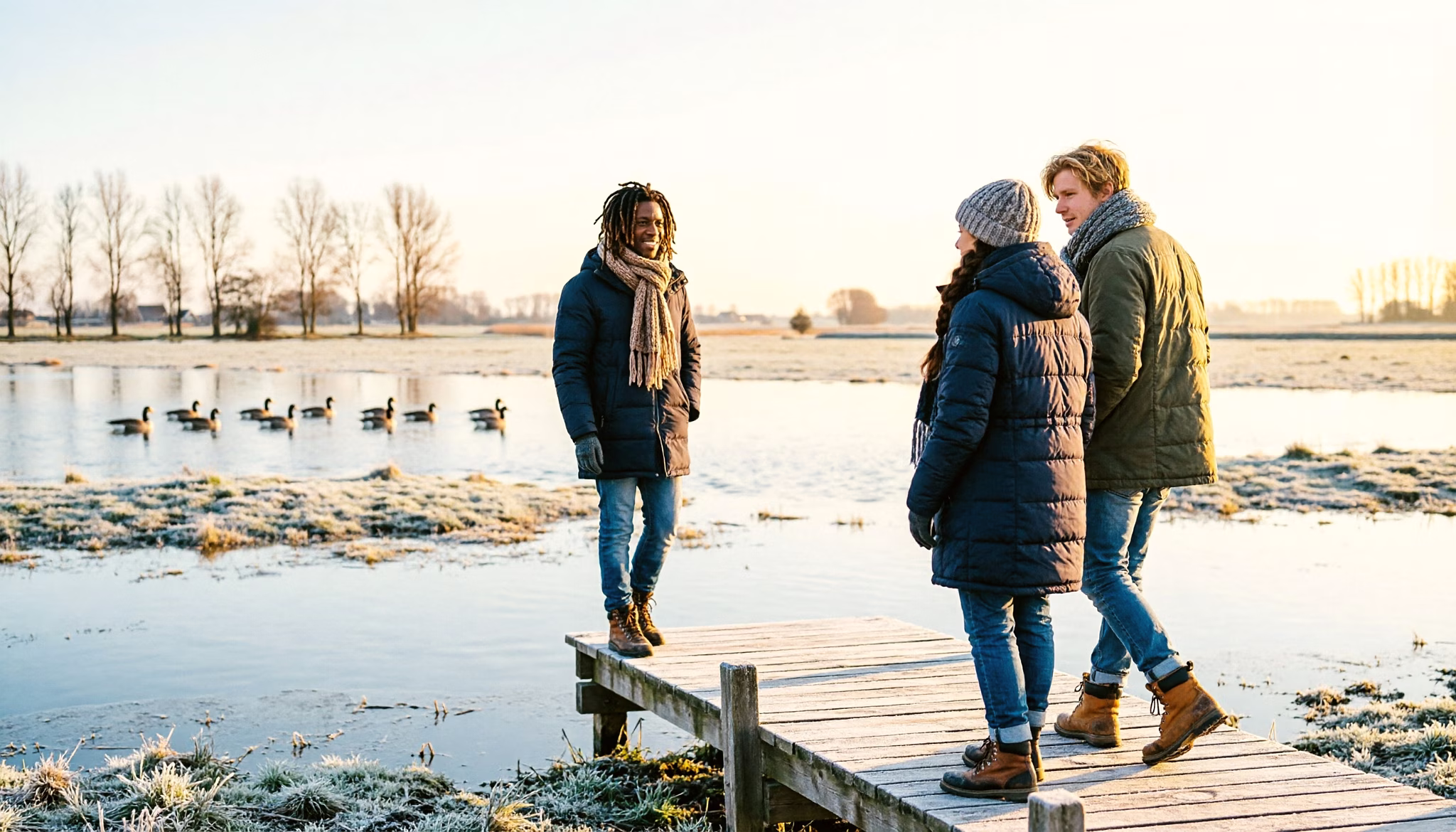 Three friends walk out along a frosted wooden landing stage over a flooded polder meadow on a still winter morning