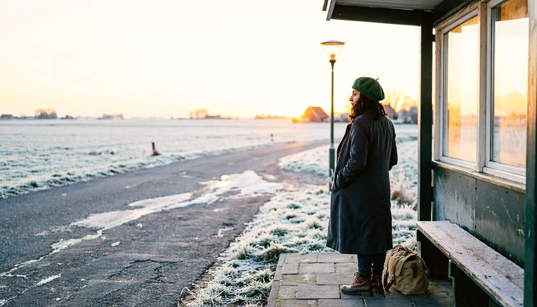 A woman waits at a roadside bus shelter on a quiet village road at first light in winter, a holdall at her feet and frost across the field behind her