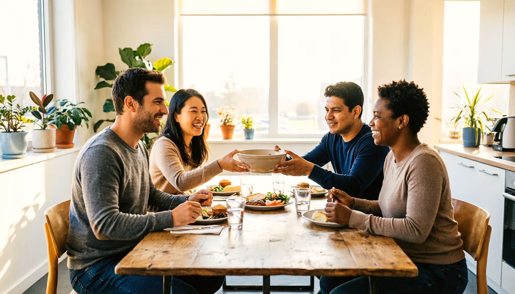 Collega's delen een ontspannen teamlunch aan een gezamenlijke tafel in een lichte Nederlandse kantoorkeuken.