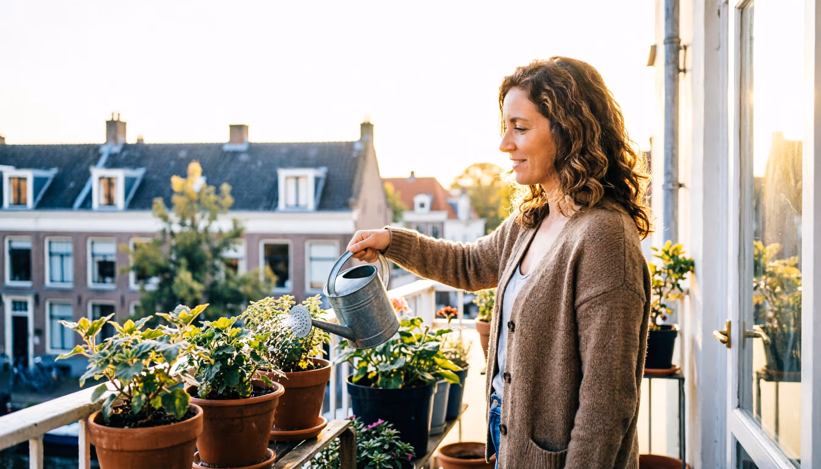 A woman enjoys the garden at her canal-side house in Amsterdam