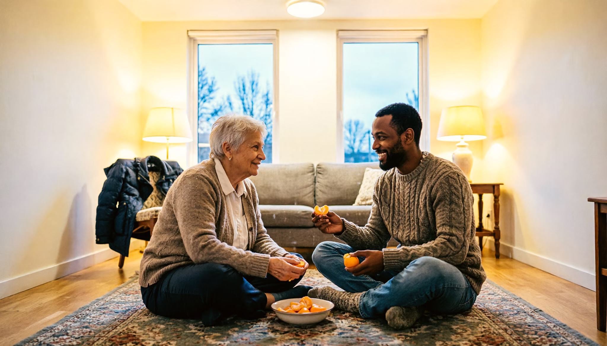Winteravond in een warme woonkamer: een man van in de twintig en zijn oma zitten achterin en pellen mandarijnen uit een schaal, terwijl buiten het laatste blauwe licht staat.