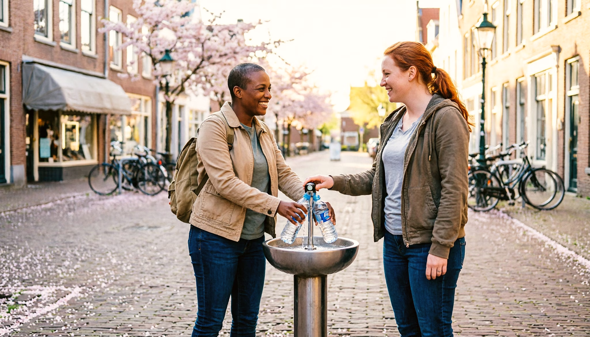 Two neighbours filling their water bottles at a drinking fountain on a city square at first light in spring, blossom on the trees around them