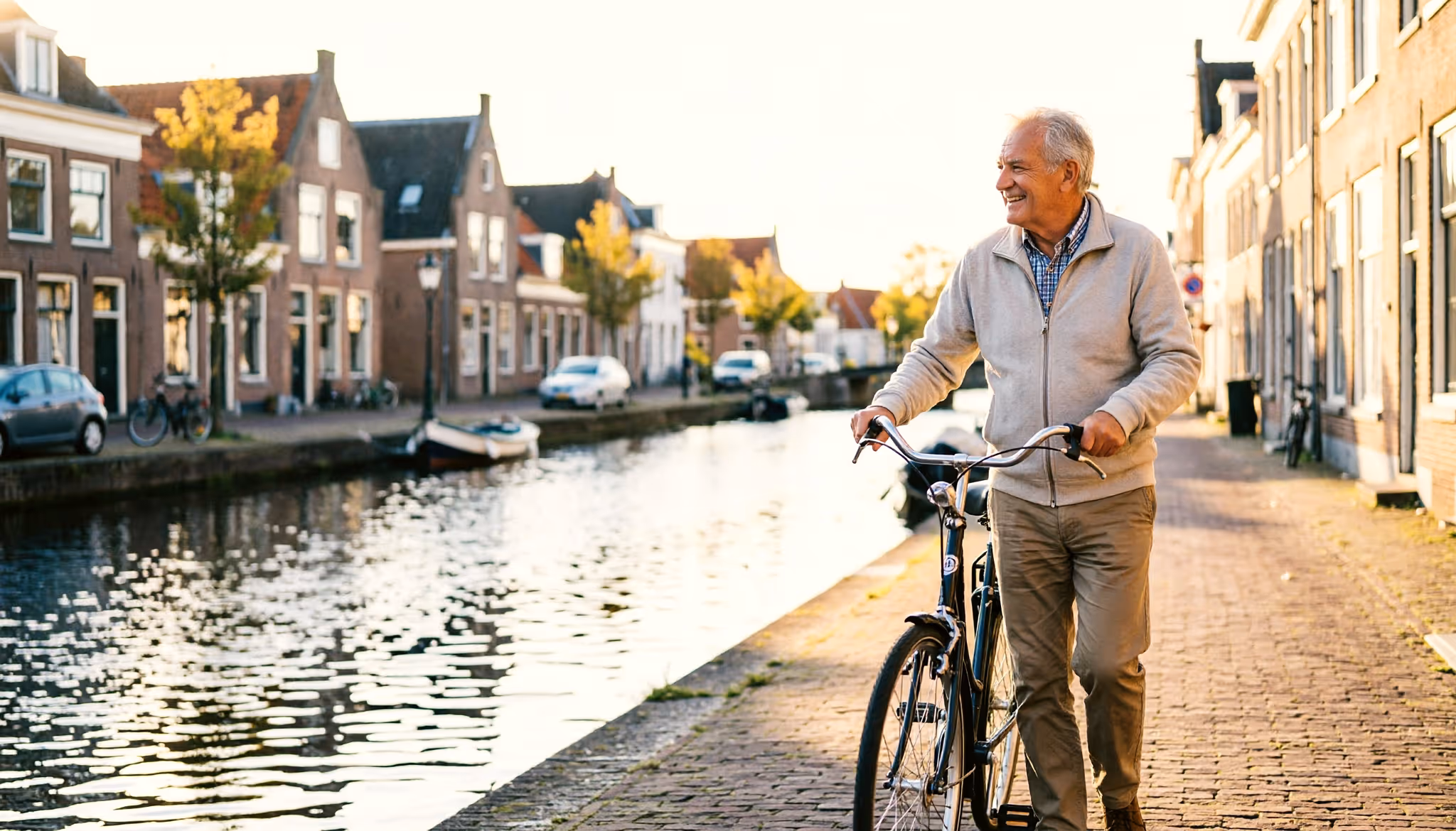A retired man walks his bicycle down a tree-lined street in a small Dutch town on a calm morning