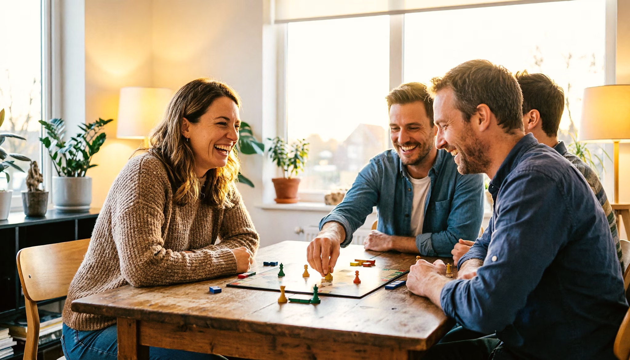 A couple in their mid-thirties plays a board game with friends at the dining table of their new home