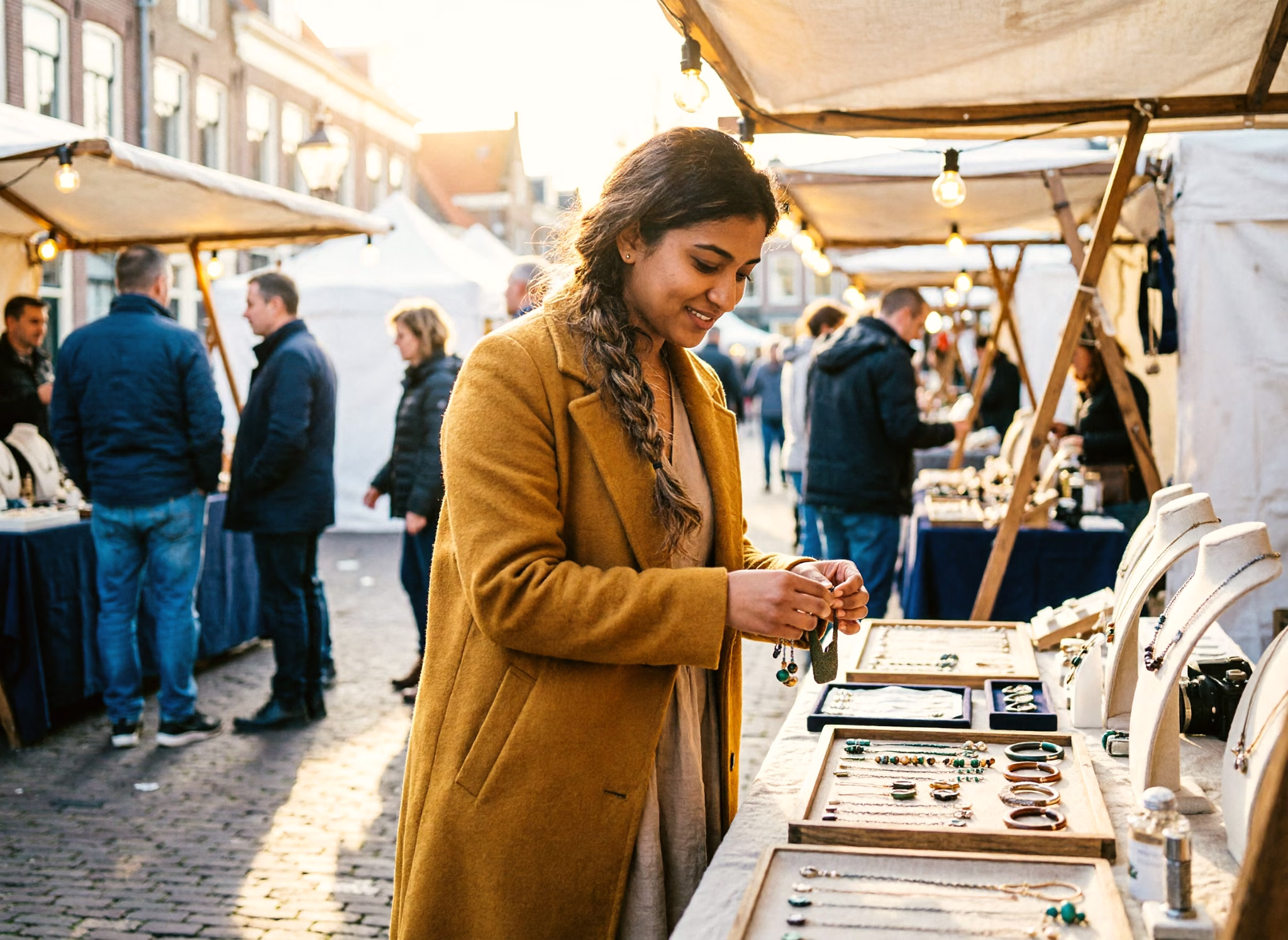 A young jewellery designer arranges her handmade pieces on her stall at a Dutch design market