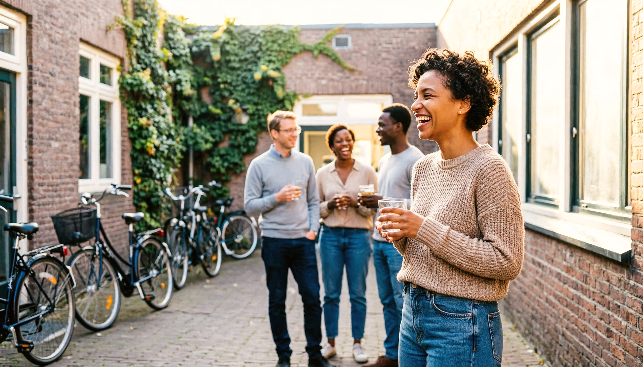 Een junior belastingadviseur lacht met collega's op de binnenplaats van het kantoor aan het eind van de werkweek