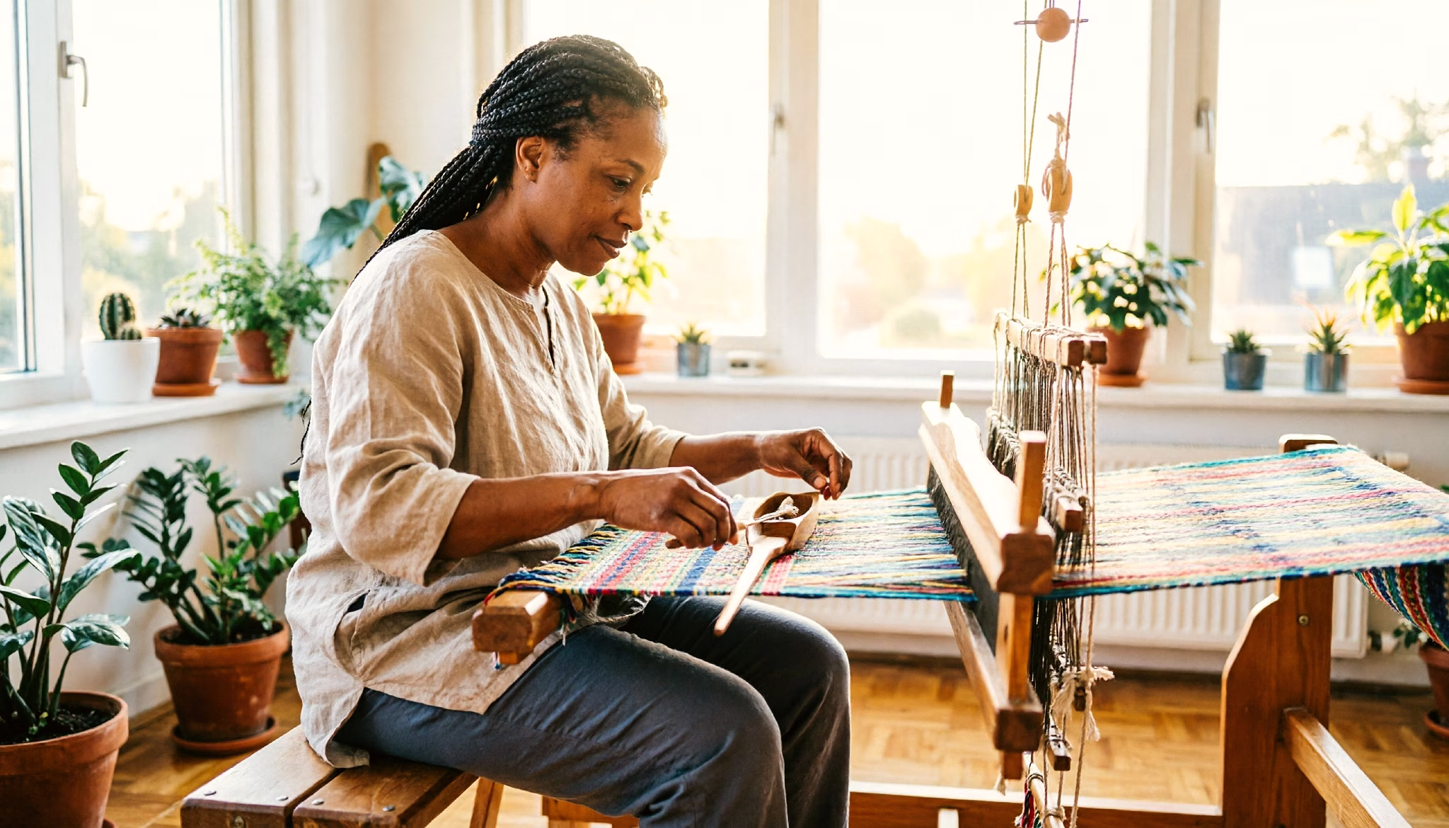 A woman weaves a colourful textile on a wooden floor loom in a bright Dutch home studio