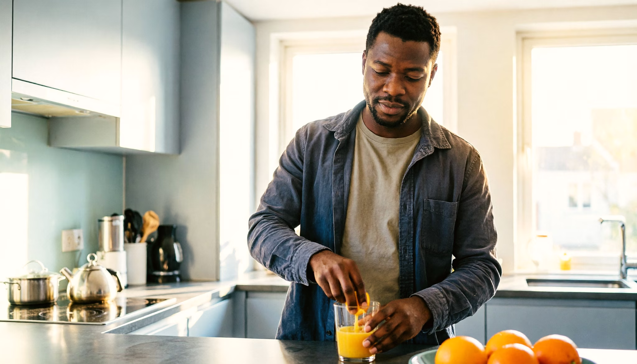 Een man perst verse jus d'orange aan zijn aanrecht op een rustige ochtend