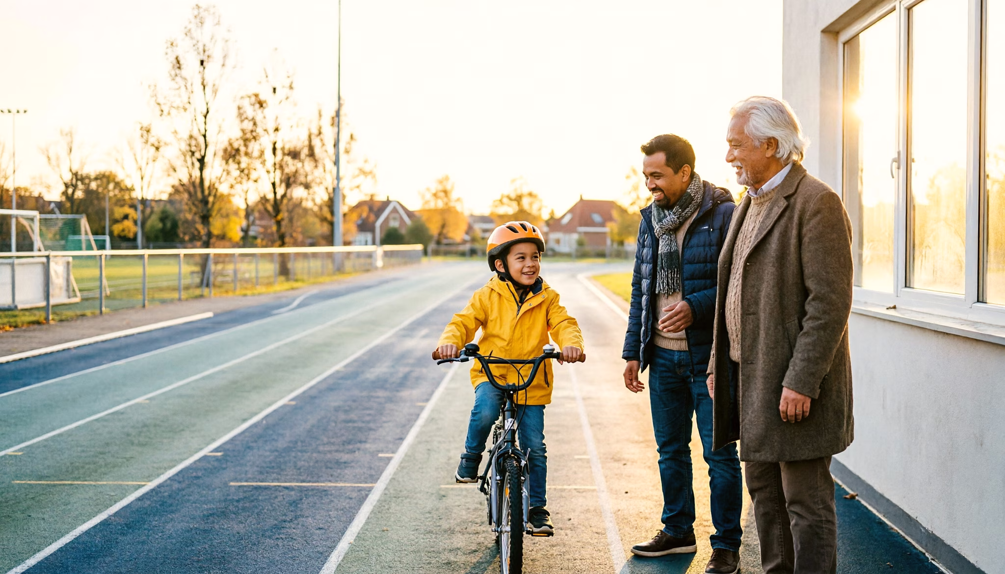 A grandfather and his son watch from a few steps back as the youngest of the family rides a bicycle without stabilisers along the empty lanes of a Dutch athletics track on an autumn morning