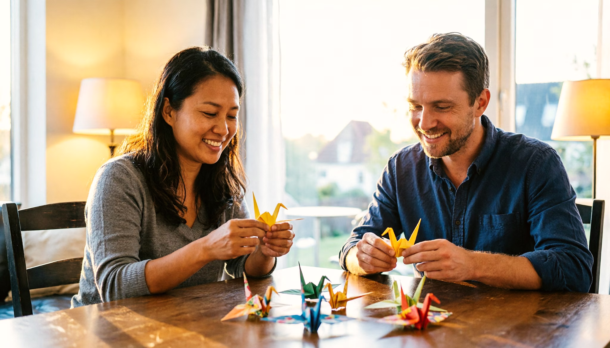 A couple fold bright origami cranes together at their dining table in the evening
