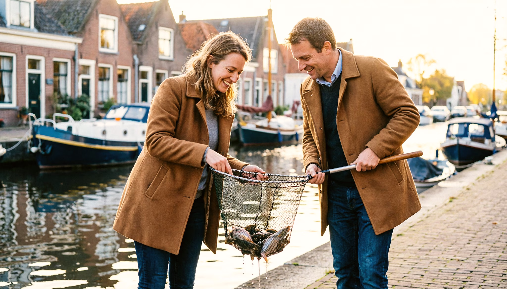 Een stel van midden dertig vangt samen krabben met een schepnet aan een lage Nederlandse kade en tilt het net op om te kijken wat erin zit