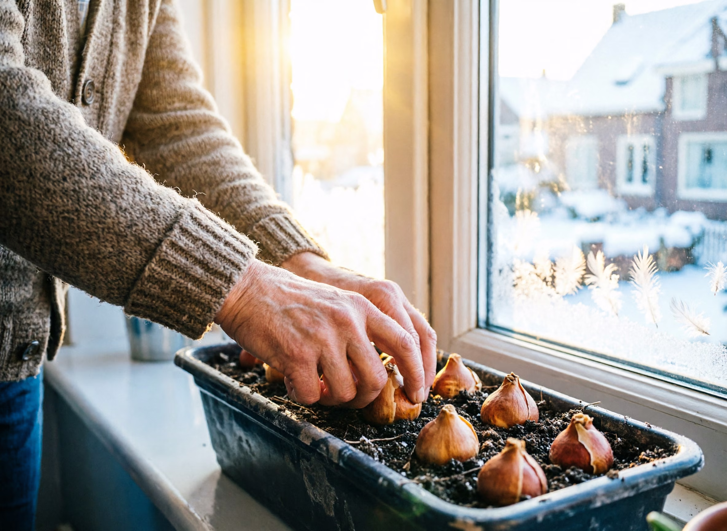 Close-up van handen die tulpenbollen in een bloembak op de vensterbank drukken bij het eerste licht