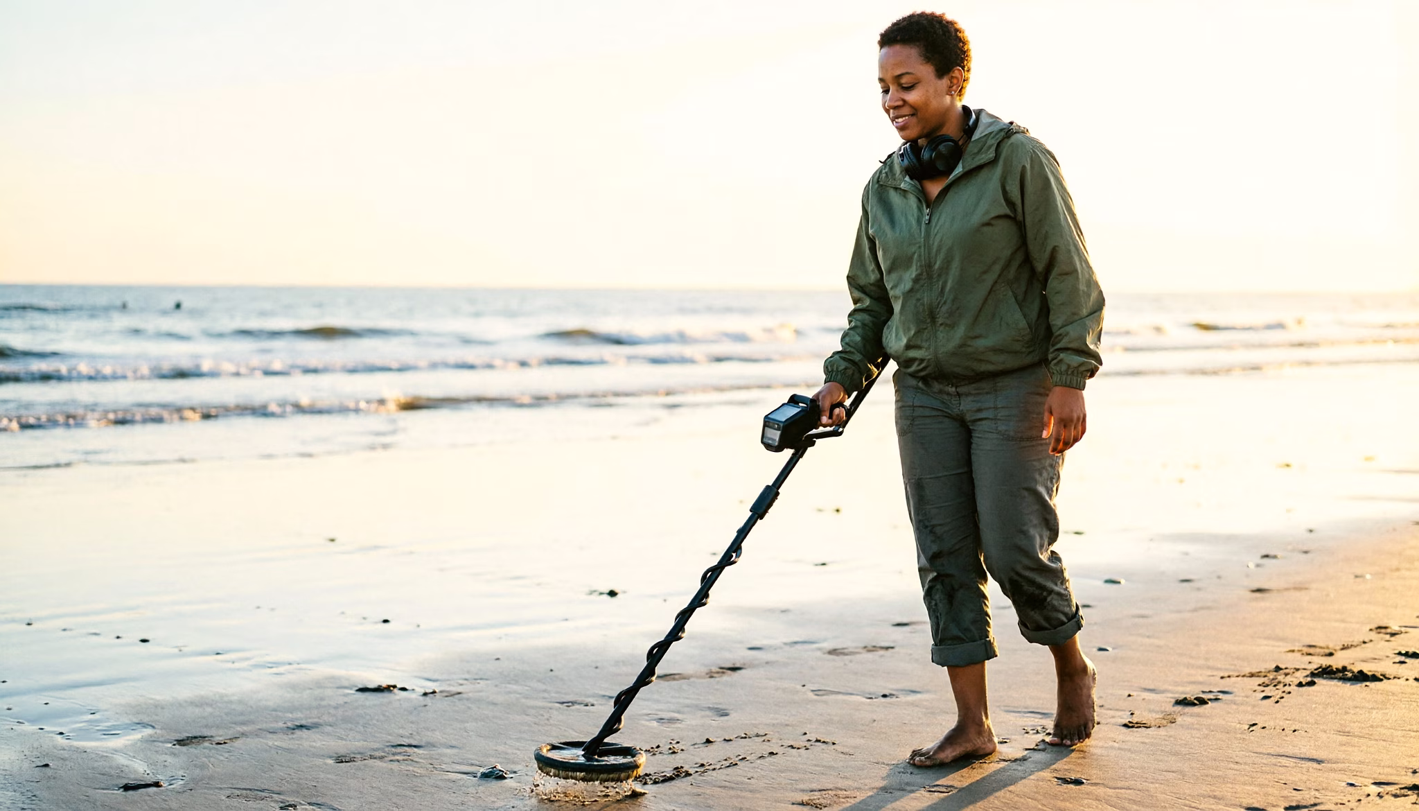 Een zzp'er zoekt met een metaaldetector op een rustig Nederlands strand op een doordeweekse ochtend