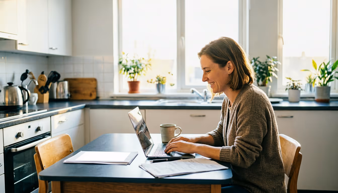 A young renter reviews rent allowance details on a laptop at a kitchen table