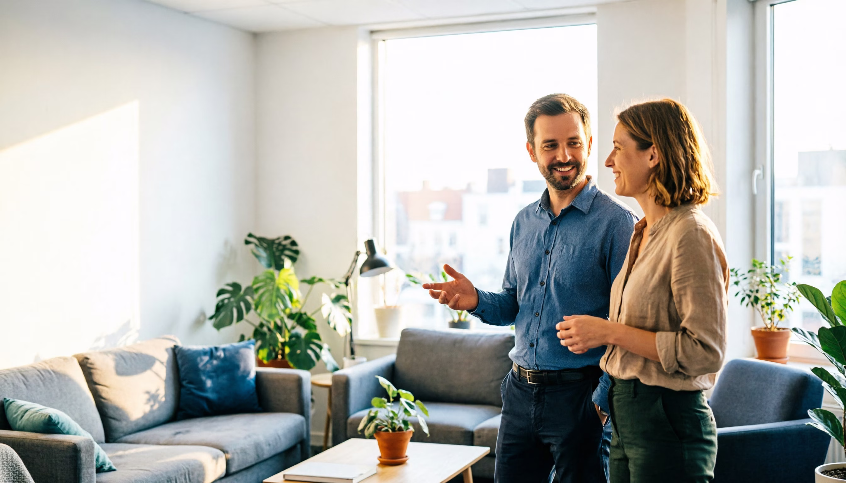 Twee collega's in een ontspannen, gemakkelijk gesprek in een lichte kantoorlounge