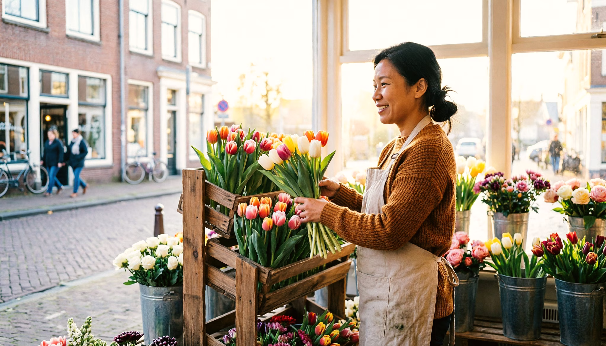 A florist arranges the display outside her small Dutch shop at opening time, with her self-employed tax return already filed
