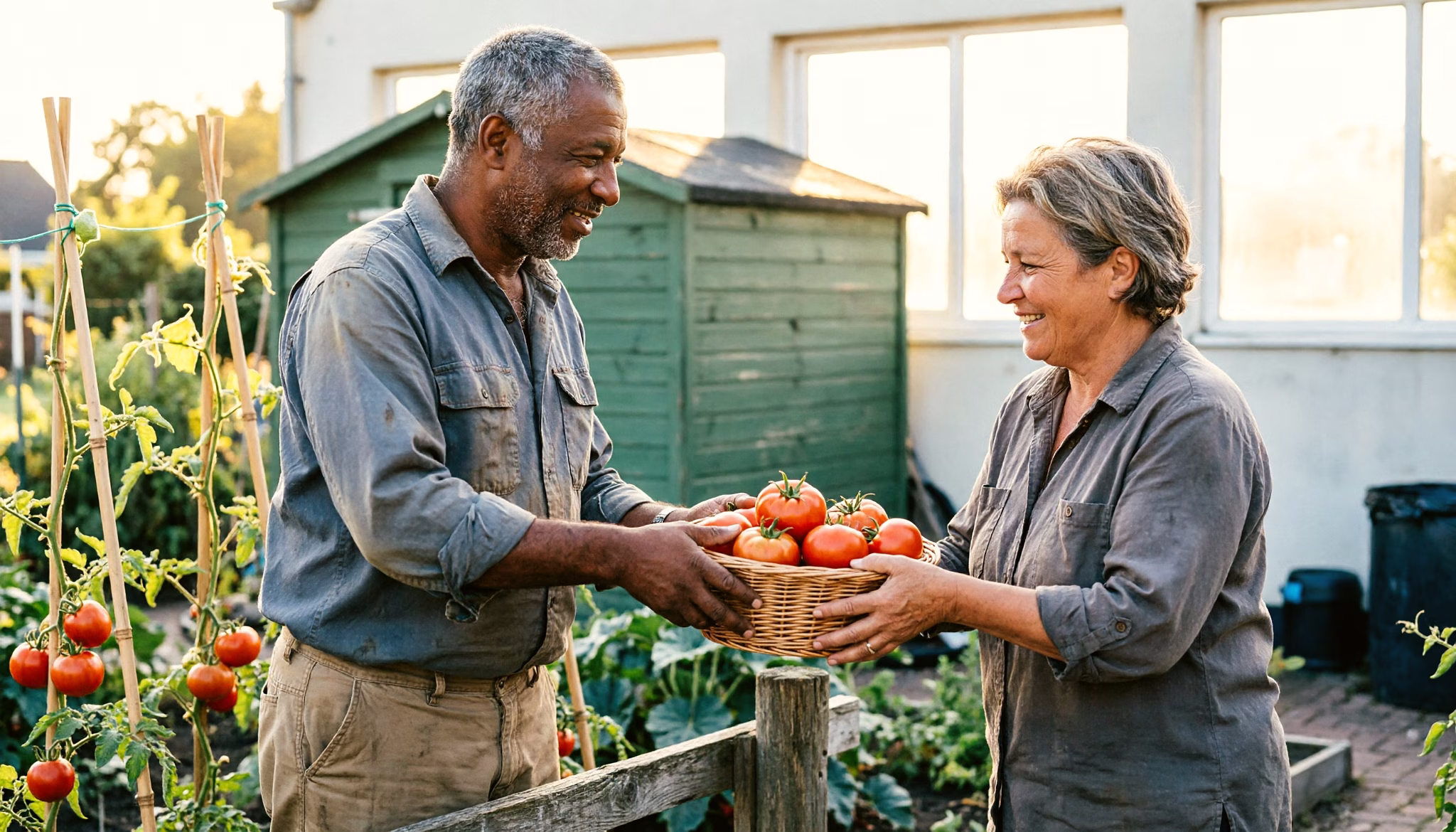 A man in his fifties hands a basket of tomatoes across the fence of his Dutch allotment