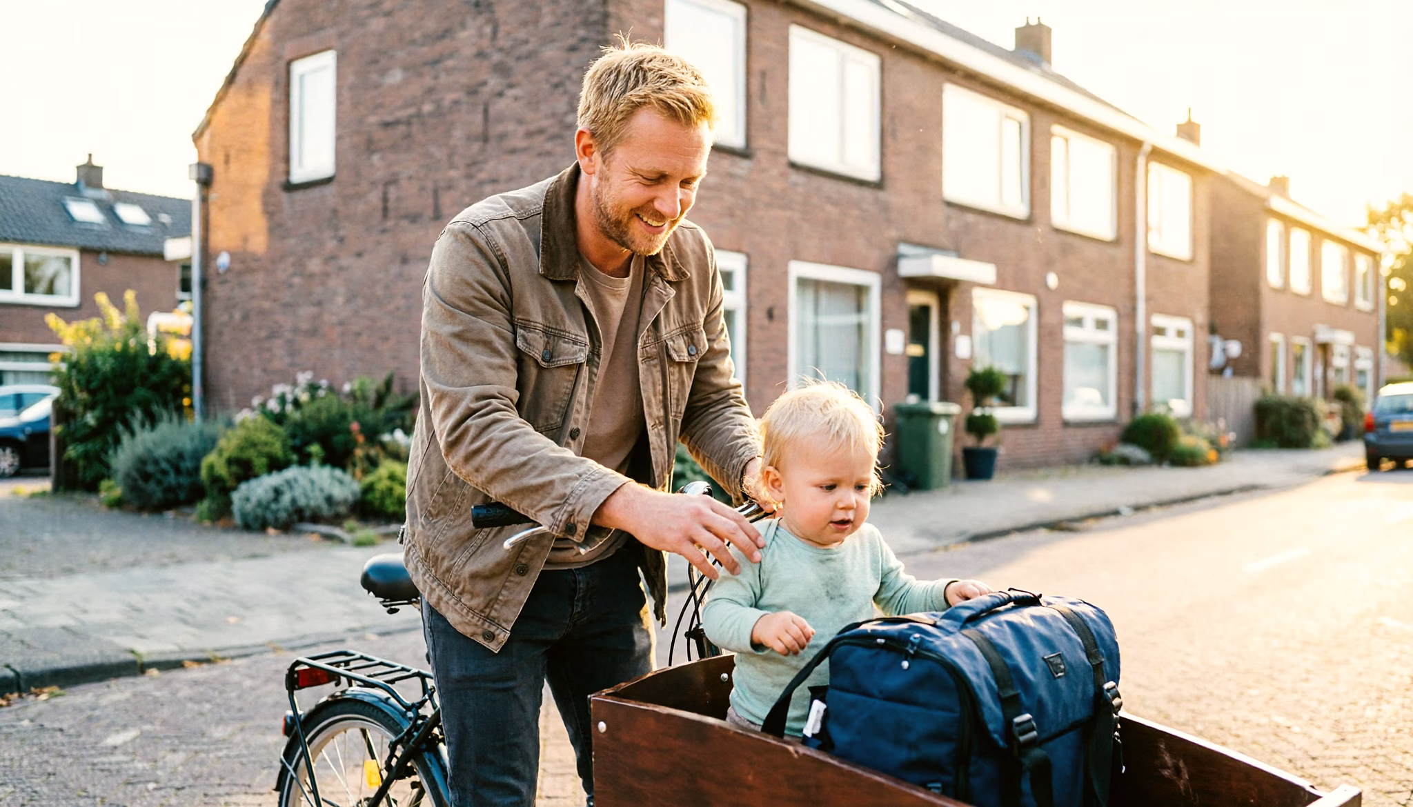 A father lifts his toddler into a cargo bike outside a Dutch daycare in the late afternoon