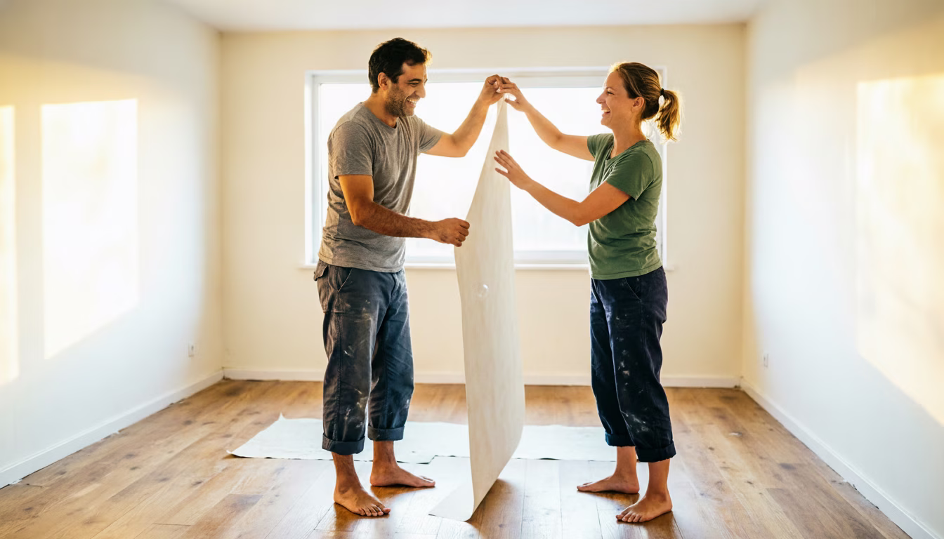 A couple hanging the first strip of wallpaper in the front room of their new home