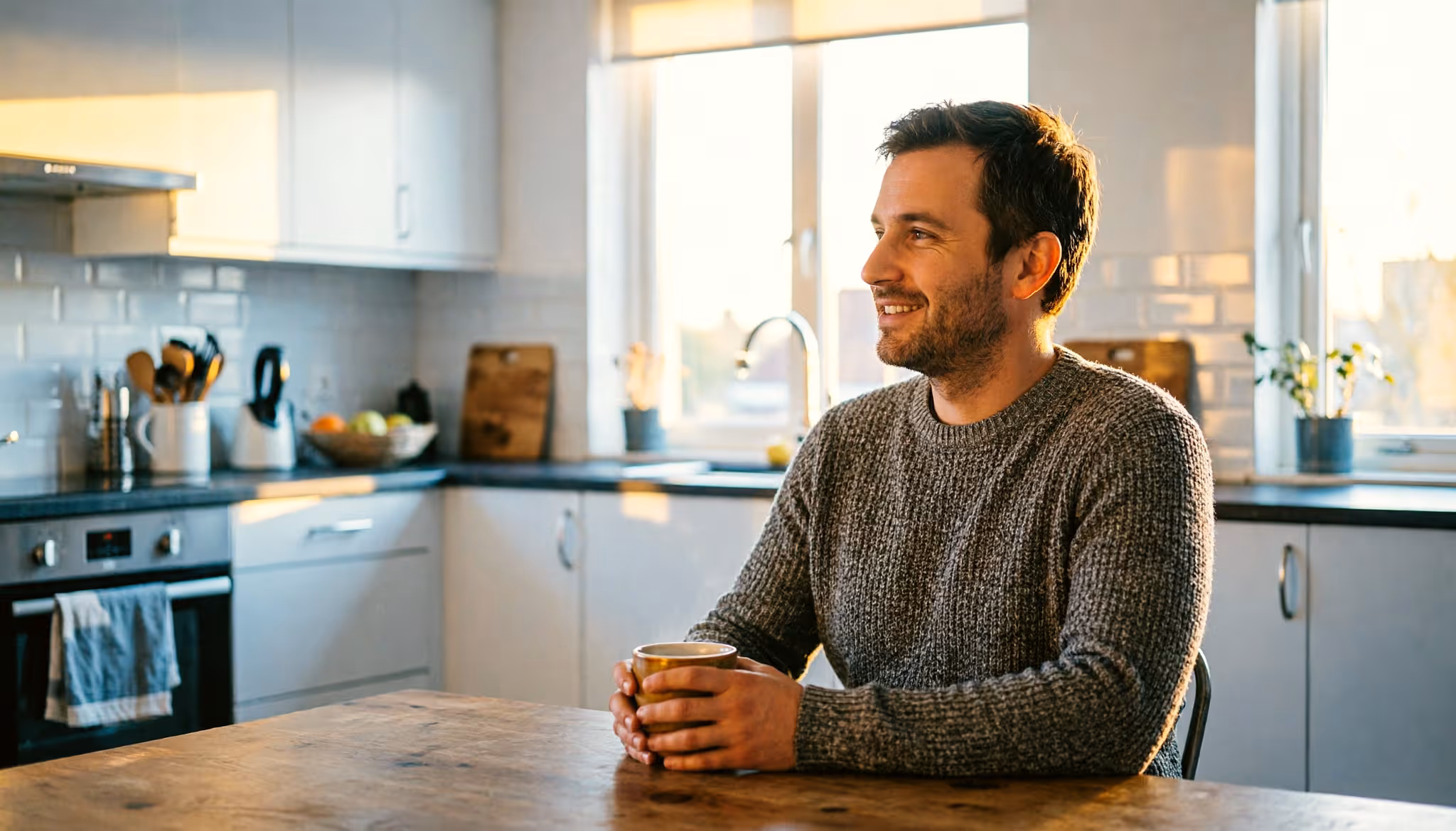 A man sits comfortably at his kitchen table in the evening, smiling with quiet confidence over a warm drink.