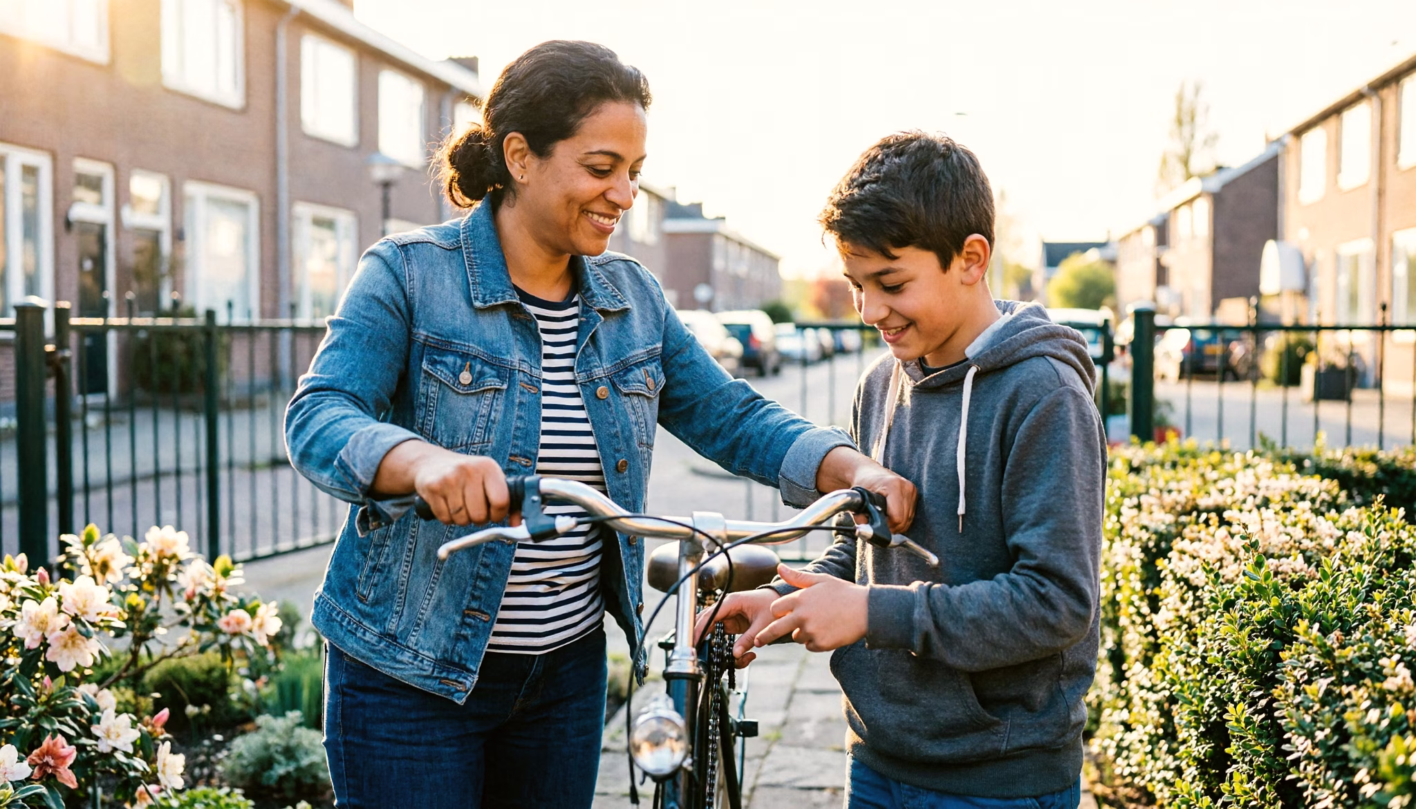 Een moeder en haar tienerzoon leggen de fietsketting terug op het tandwiel in hun voortuin