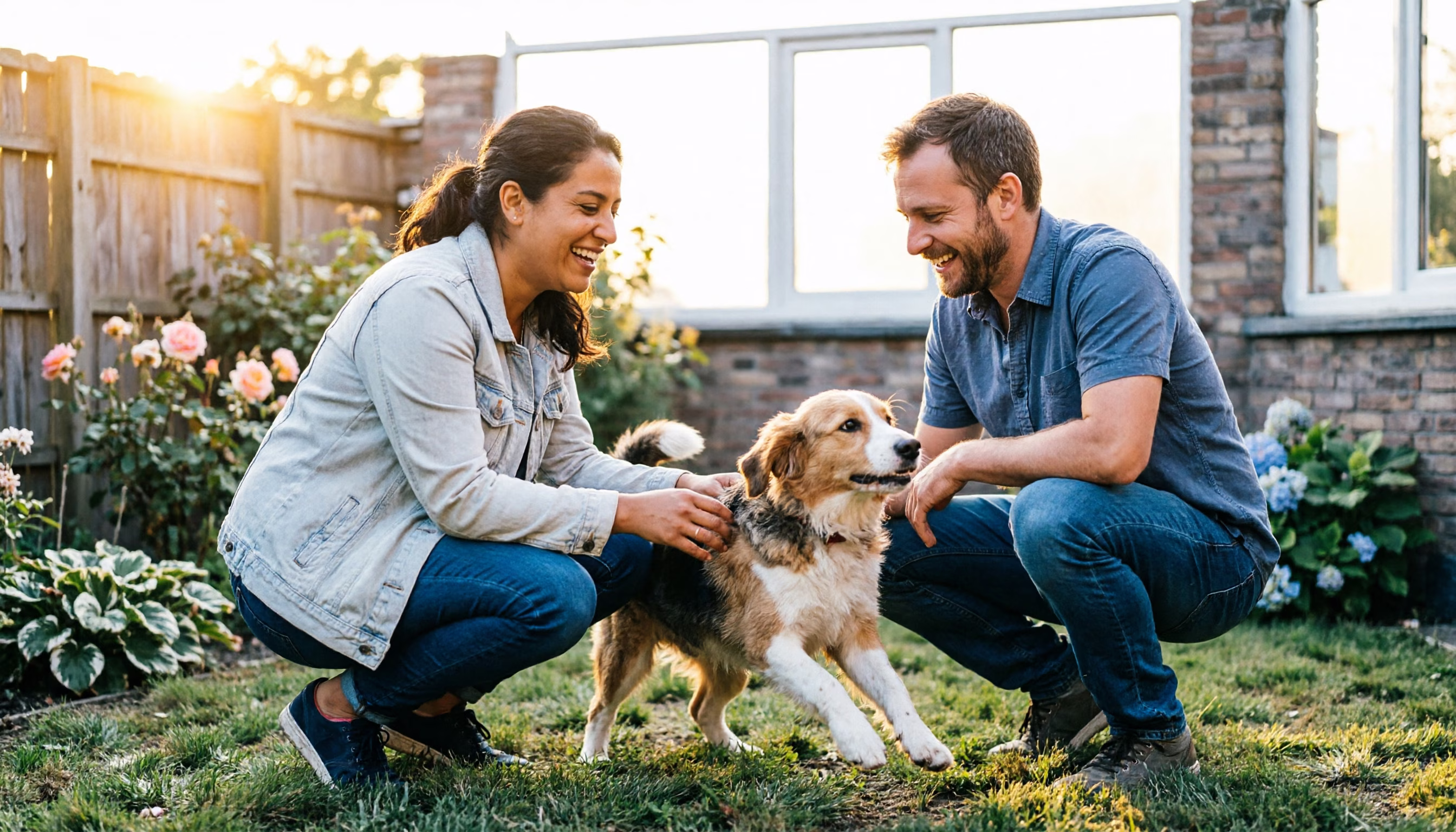Een stel speelt met hun jonge hond in hun kleine achtertuin in de vroege avond