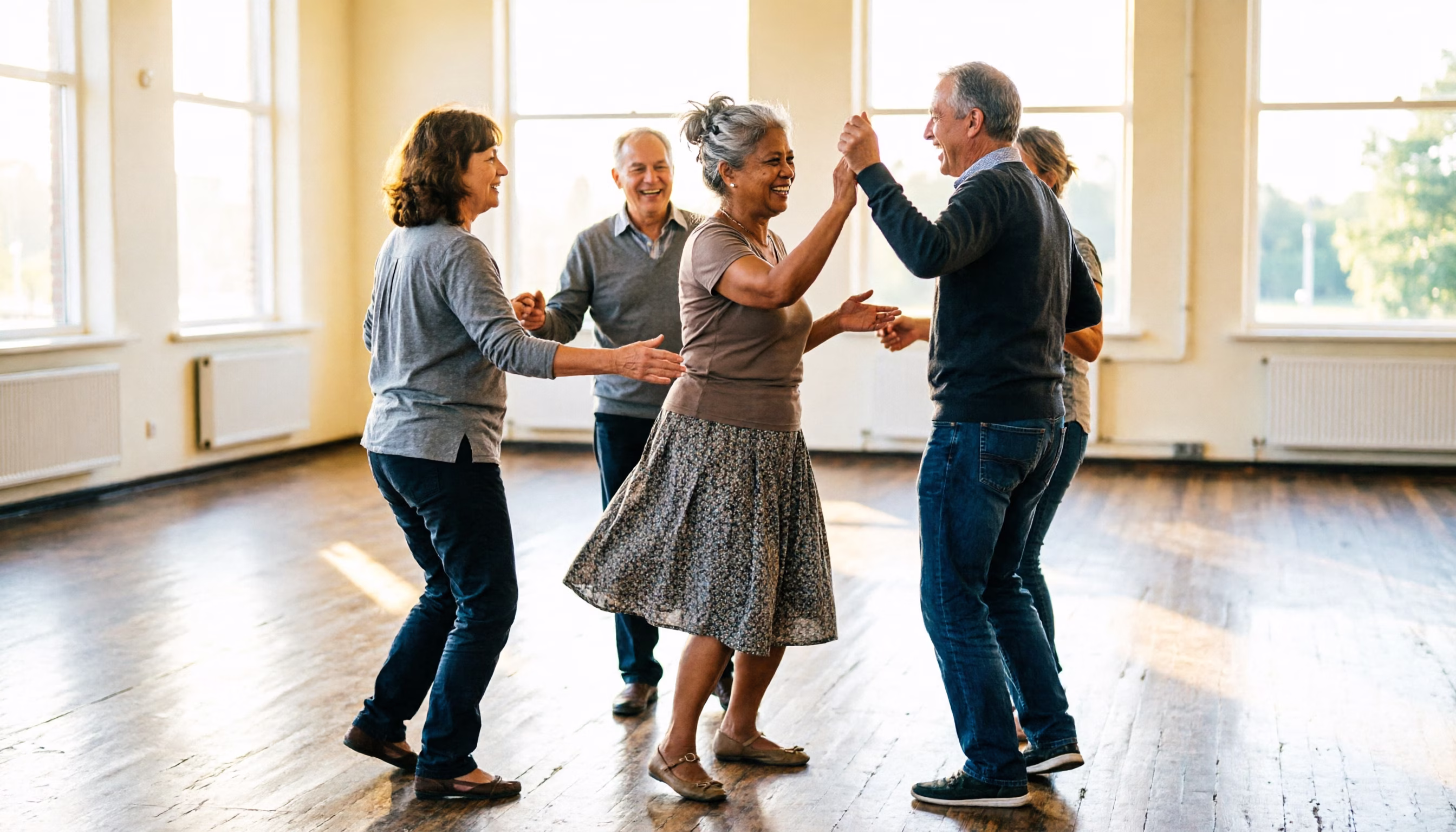 A dance evening fills a Dutch neighbourhood hall, four friends mid-turn on the wooden floor