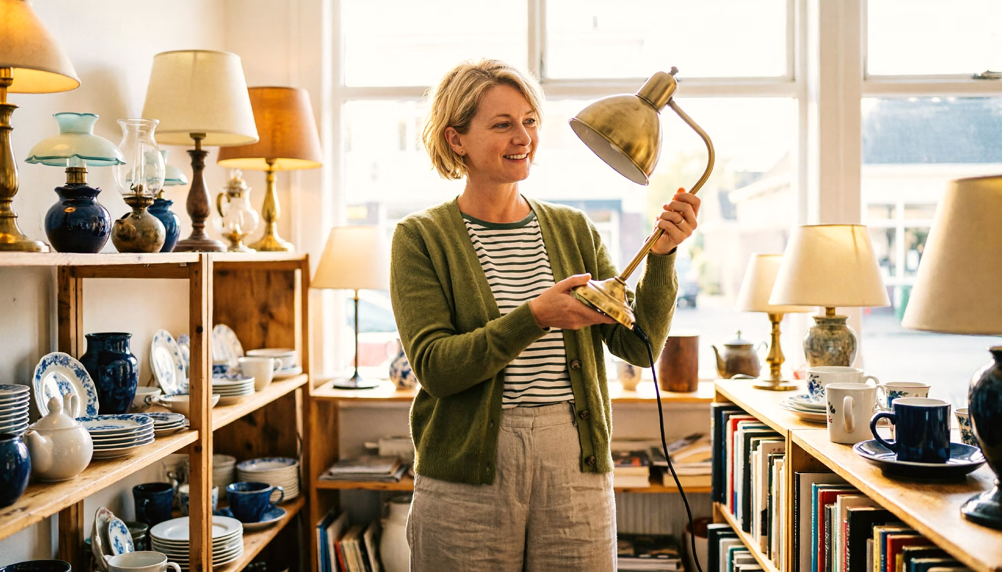 A woman in her forties holds up a brass lamp she has just found in a bright Dutch second-hand shop