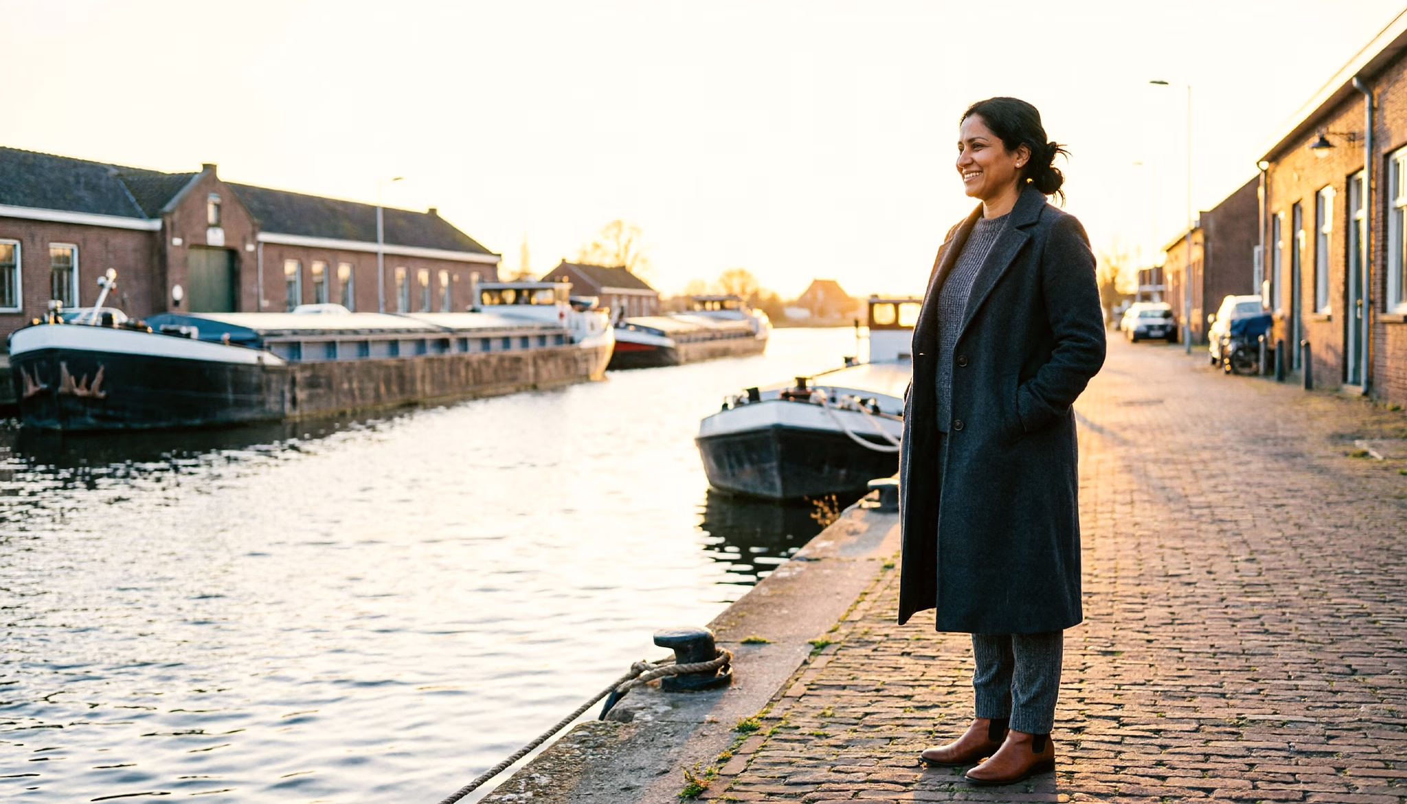 A businesswoman in her forties stands on a sunlit Dutch harbour quay while freight barges moor behind her